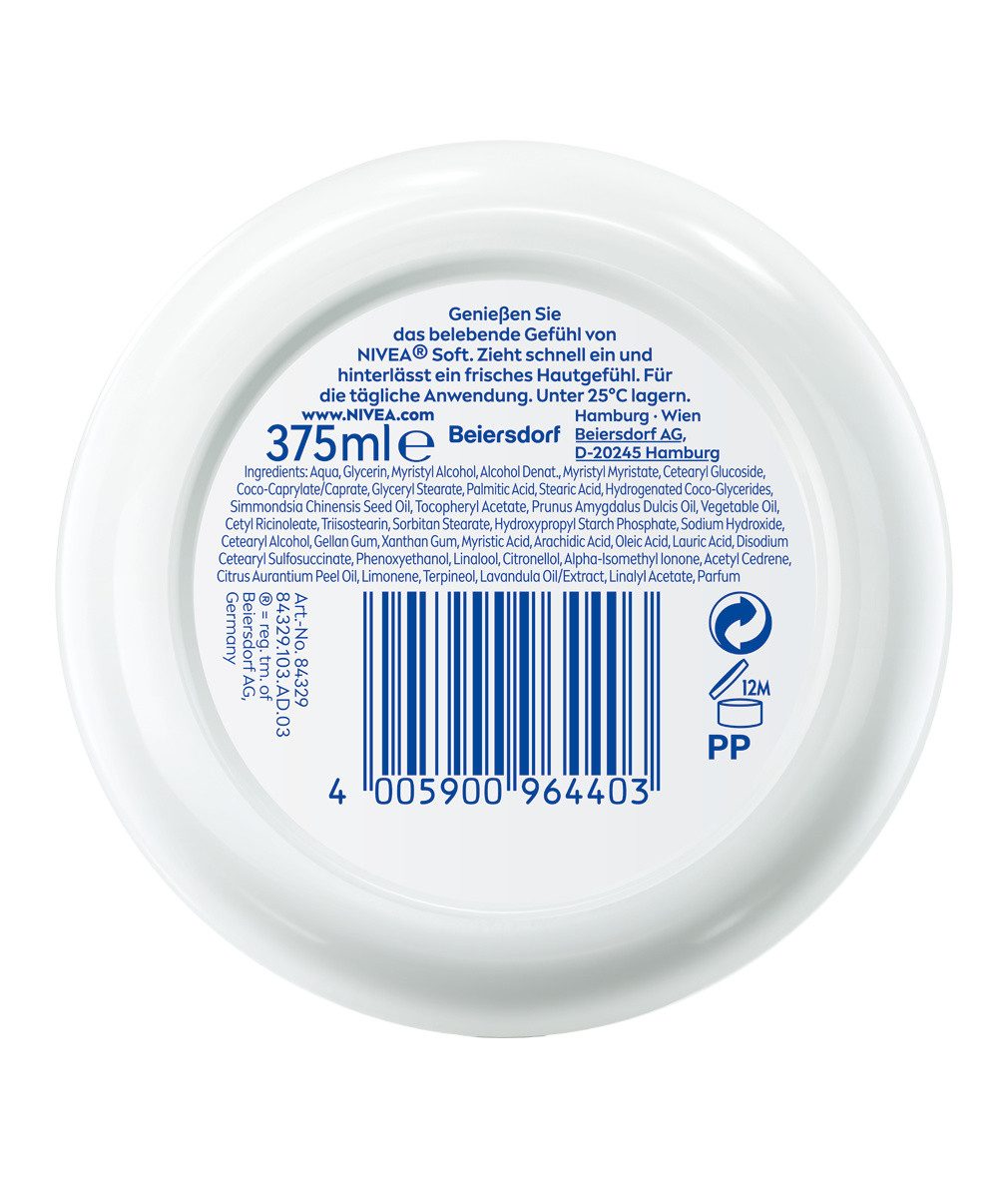Nivea Hautcreme Soft 3 x 375ml 48h intensive Feuchtigkeit Vegane Formel Packung, 3-tlg., 48h intensive Feuchtigkeit