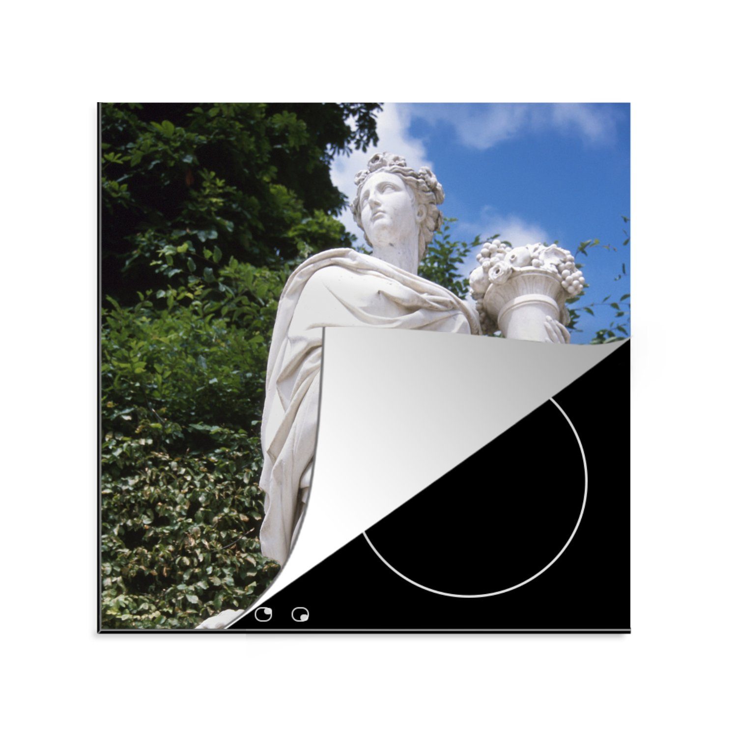 MuchoWow Herdblende-/Abdeckplatte Griechisch - Statue - Obstschale, Vinyl, (1 tlg), 78x78 cm, Ceranfeldabdeckung, Arbeitsplatte für küche