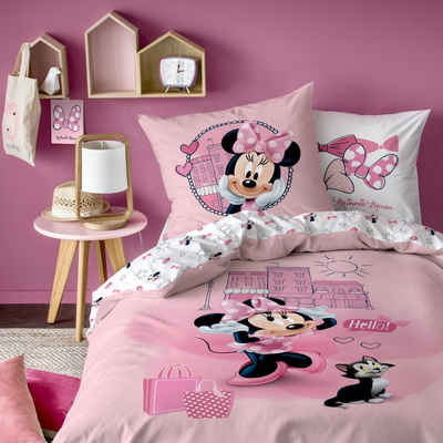 Kinderbettwäsche Minnie Mouse 135x200 + 80x80 cm, 100 % Baumwolle, MTOnlinehandel, Biber, 2 teilig, süße Disney's Minnie Maus Bettwäsche