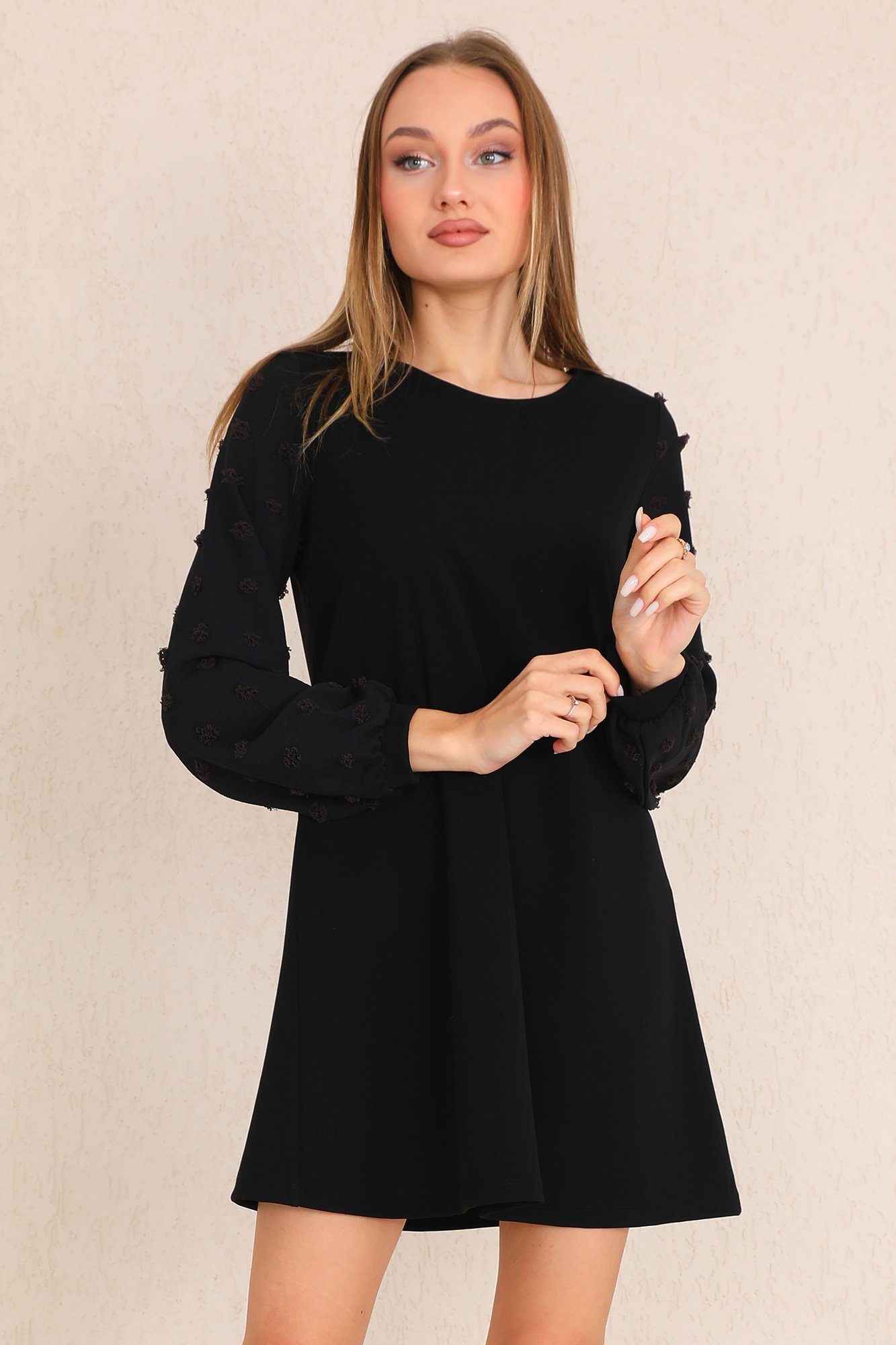 Bongual Partykleid A-Linie-Kleid Laterneärmel mit Struktur Punkte schwarz