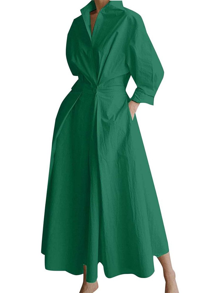 KIKI 2-in-1-Kleid Hemdblusenkleid Damen Revers Lange Kleid Sommerkleider Elegant Hohe
