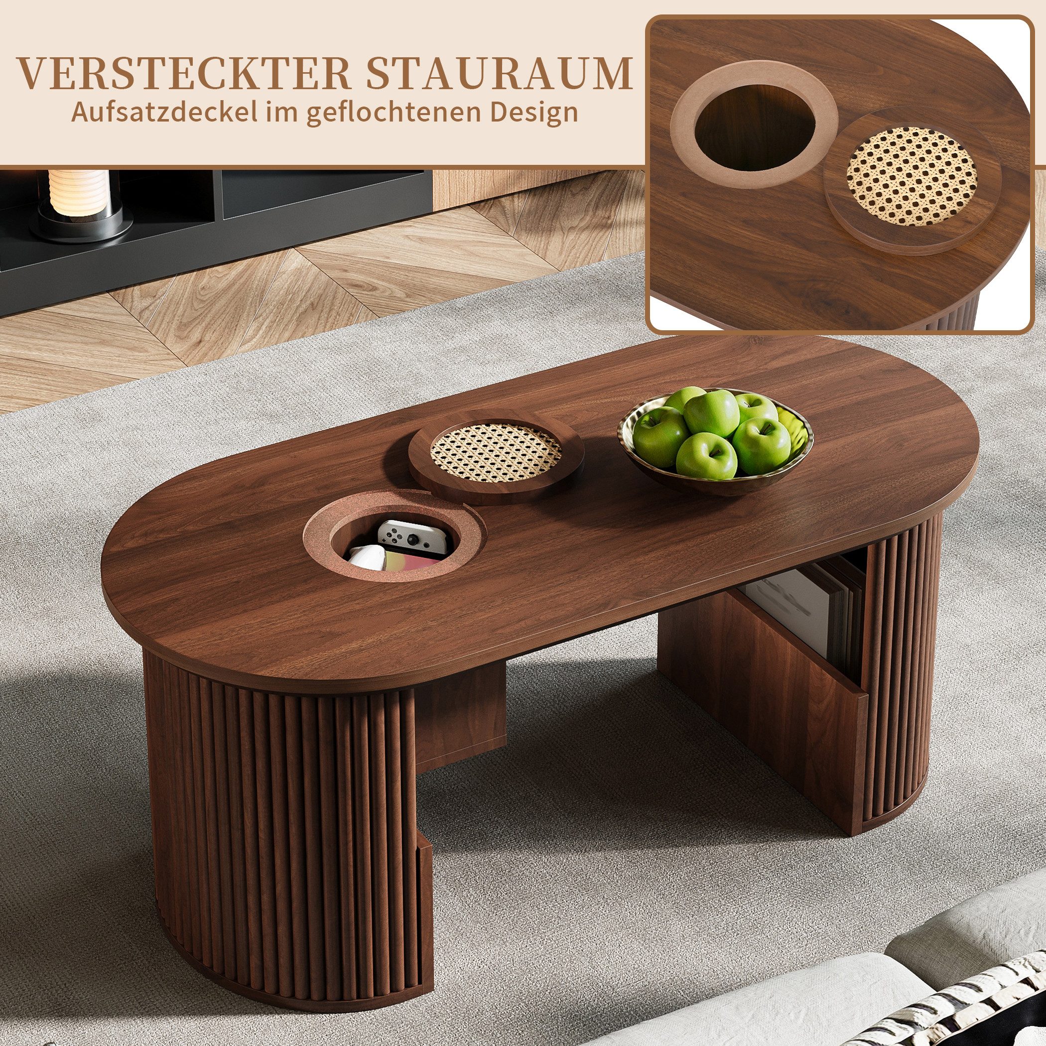SeedWave Couchtisch Sofatisch in Holzoptik, Ovaler Tischplatte mit Aufsatzdeckelfach, 105cm Wohnzimmertisch inkl. 2 Fächer auf Innenseite unten