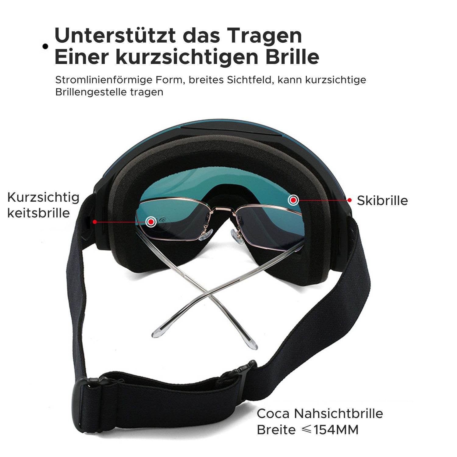 Refttenw Skibrille Unisex Skibrille UV-Schutz Schneebrille mit Anti-Fog-Beschichtung, Doppelscheibe Skibrille für brillenträger