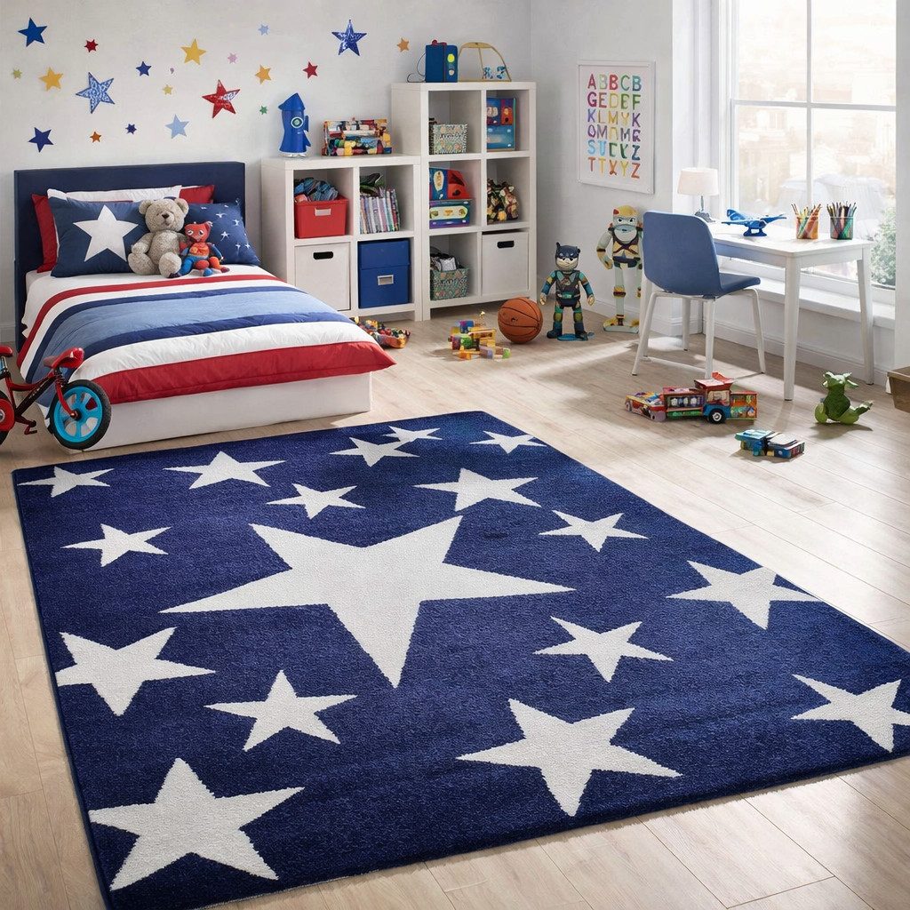 Vimoda Kinderteppich Blau Sterne, Teppich Kinderzimmer 160x230 & 120x170, Rechteckig, Höhe: 12 mm, Weich, Spielteppich Junge, Rechteckig, OEKO-TEX, Polypropylen