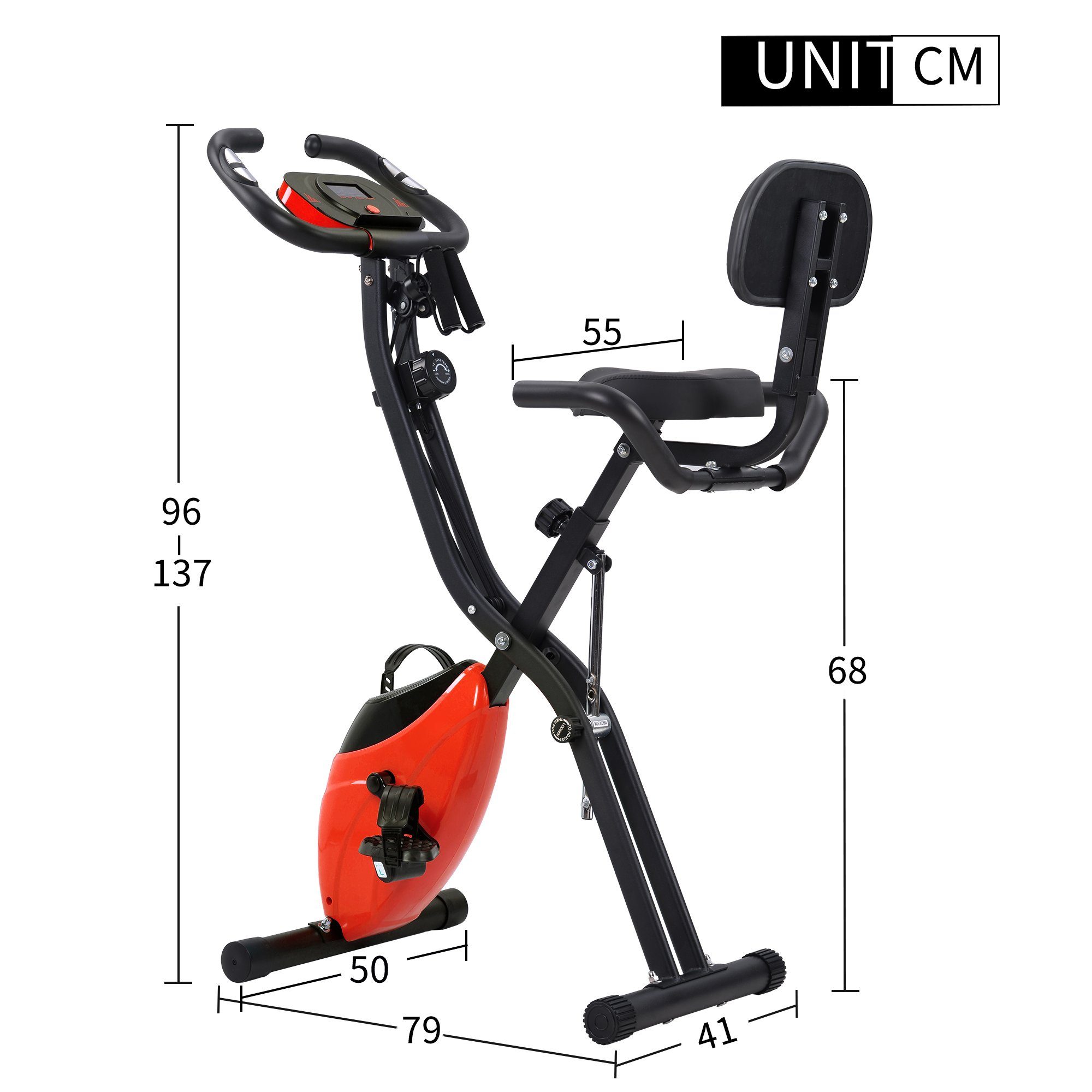 Heimtrainer (magnetische faltbares Fitnessfahrrad), 3-in-1 X-bike mit Expanderbänder, 10 Widerstandsstufen, Max 120 kg