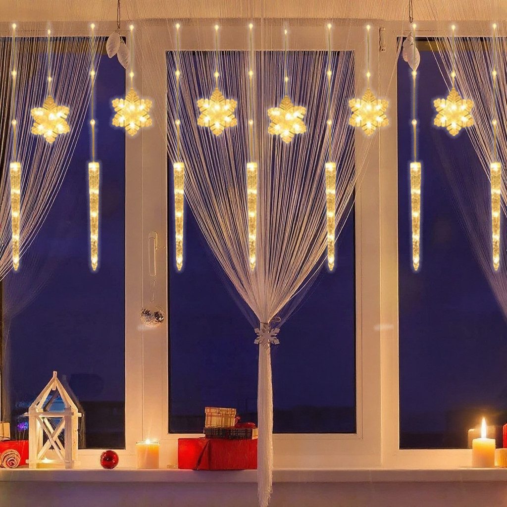 PRIISF LED-Lichtervorhang LED Lichterkette Eisregen Fenster Eiszapfe Weihnachten Lichtervorhang, LED Eiszapfen Vorhang Schneeflocken Xmas Beleuchtung Balkon Garten