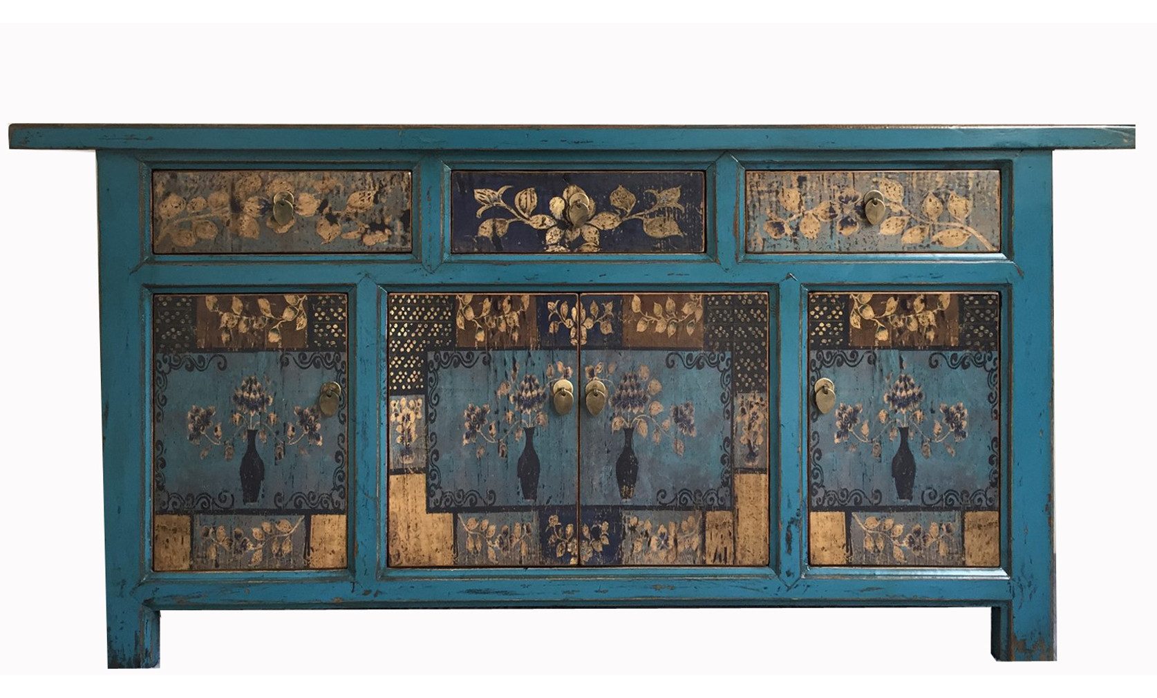 OPIUM OUTLET Sideboard Asiatischer Schrank orientalische Kommode (Hochzeitsschrank komplett montiert aus Holz blau-beige, Asia Möbel chinesisch Wohnzimmer Schlafzimmer Esszimmer), Breite 170 cm, Höhe 85 cm, Tiefe 45 cm