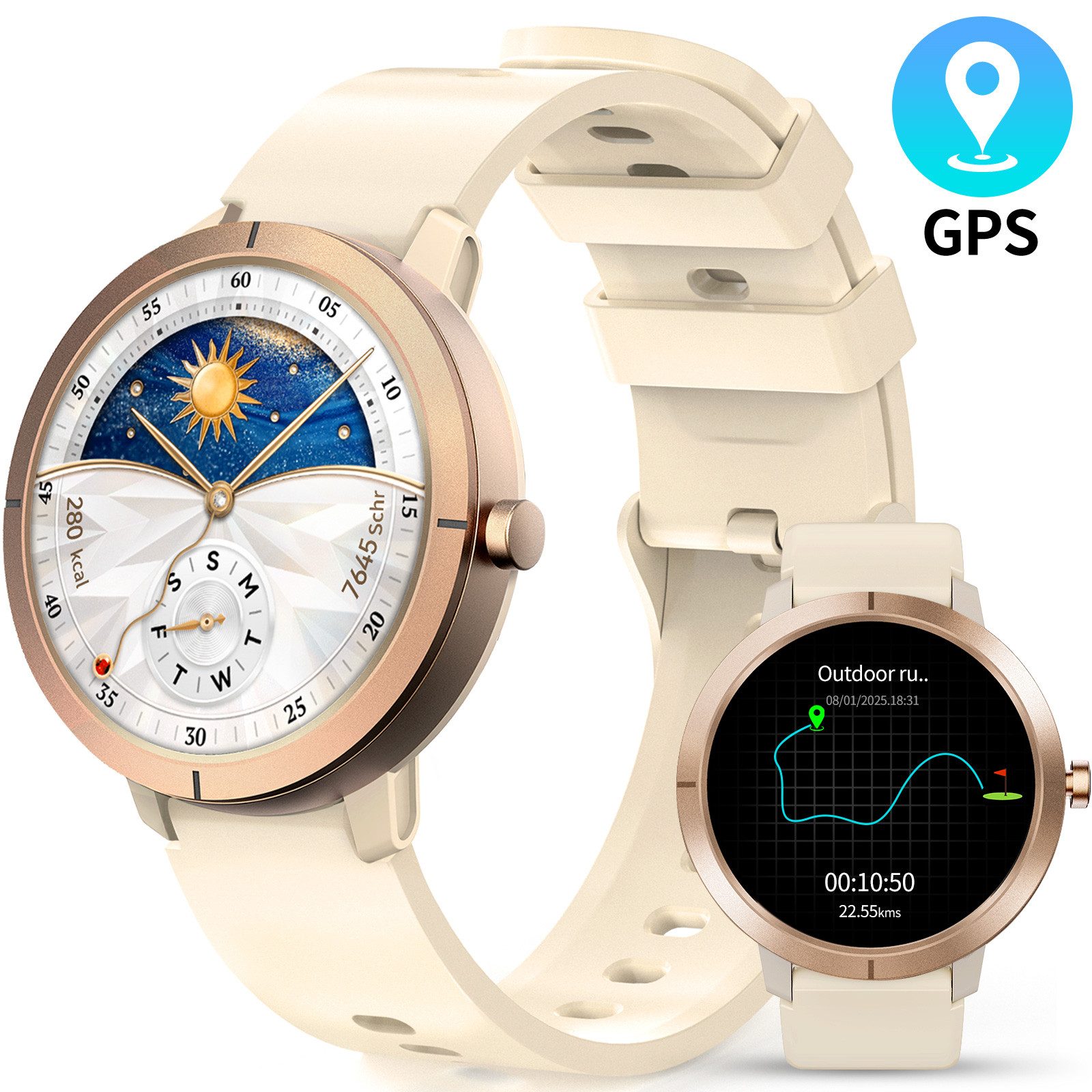 Rayofi GPS Smartwatch Damen Herren, 5 ATM wasserdichte Fitness Tracker Uhr Smartwatch (1,32 Zoll cm) Eingebautes GPS, Fitness Uhr mit AMOLED Display 466*466, 170+ Sportmodi Sportuhr, Gesundheits-Uhren mit Herzfrequenz, Blutsauerstoffgehalt, Stress, Schlafüberwachung, verfügbar für Android Android 5.0+ / iOS 12.0+