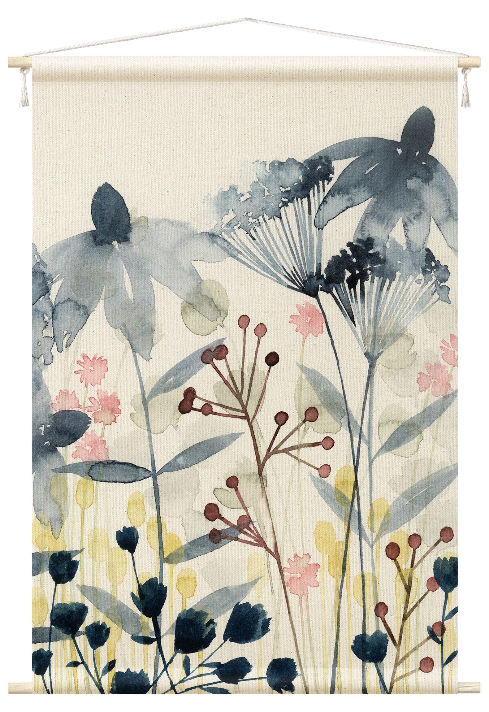 Bilderdepot24 Wandteppich modern Blumen Aquarell Botanik Landhaus petrol, rechteckig, Höhe: 2.6 mm, großes Wandbild aus Natur-Baumwolle Wandbehang Stoffbild Tuch Wollseil