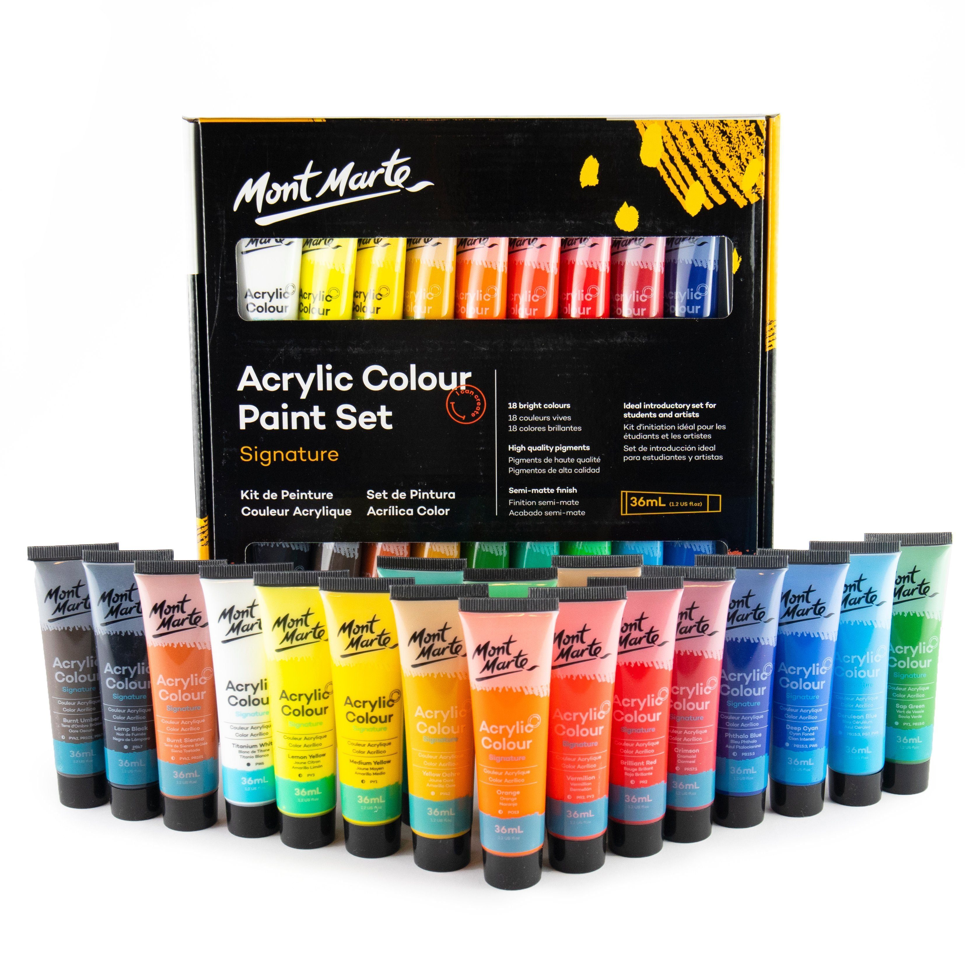 Mont Marte Acrylfarbe Künstler-Set, wählbar aus 18 x, 24 x, 36 x oder 48 x in je 36 ml Tuben, Verschiedene Sets zur Auswahl