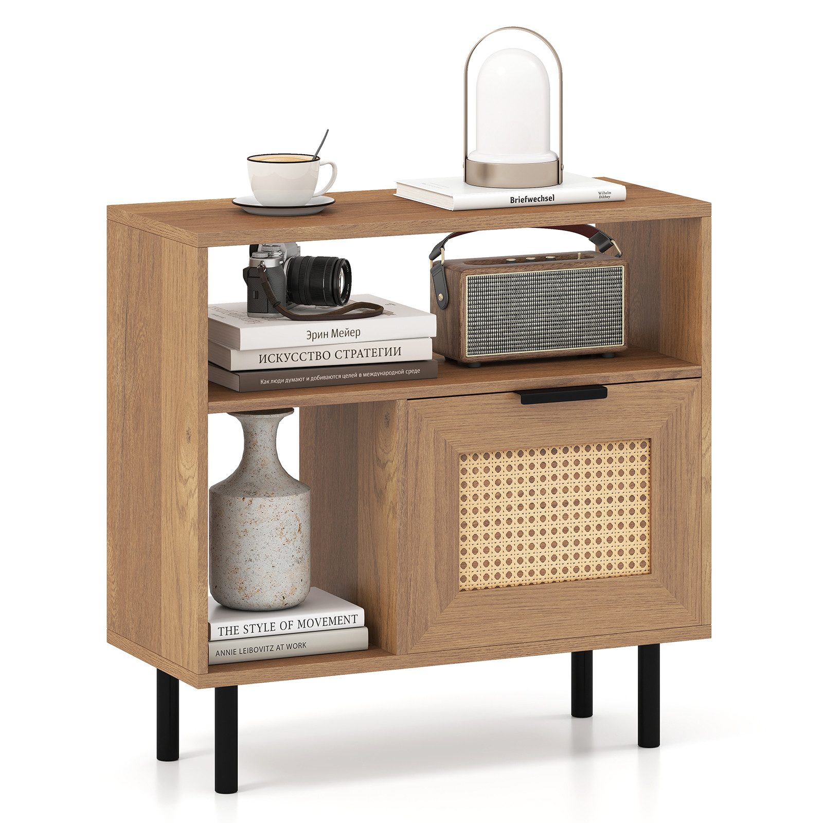 COSTWAY Beistelltisch, Rattan Nachttisch mit Ablagefach, Schrank 25,5x60x59cm