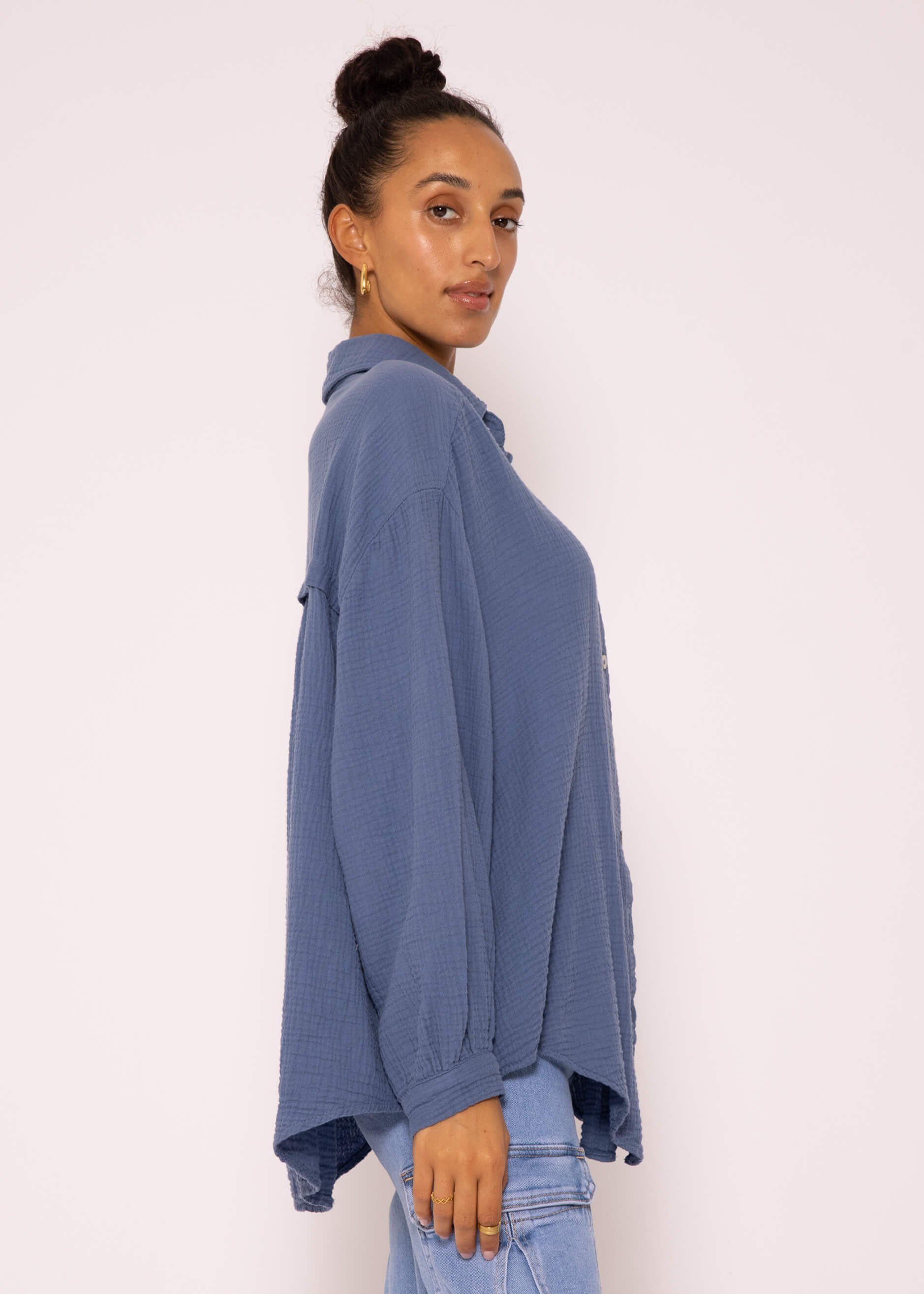 SASSYCLASSY Longbluse Oversize Baumwolle Bluse aus One mit Hemdbluse Damen Musselin lang Jeansblau Size 36-48) Langarm V-Ausschnitt, (Gr