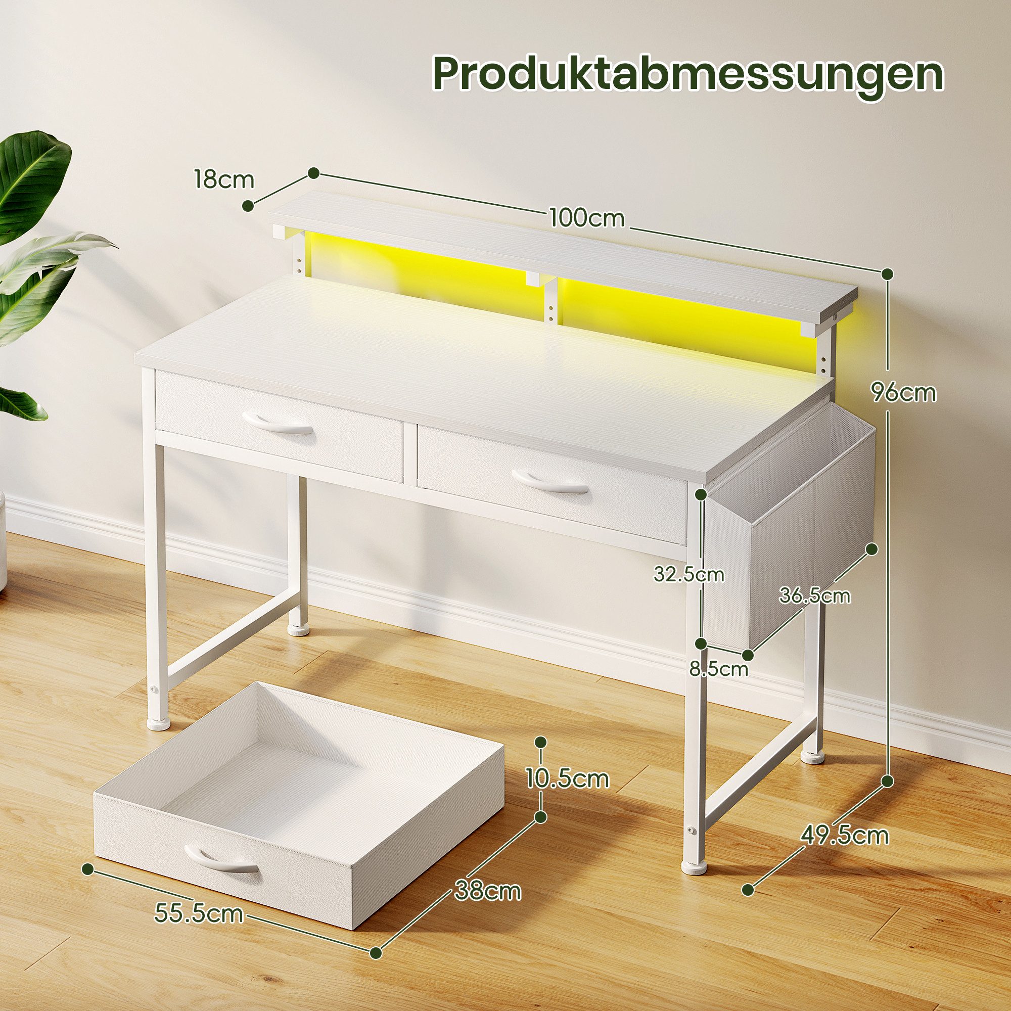 Klyvvo Schreibtisch mit 3 Schubladen, Gaming Schreibtisch mit LED Bieten Stauraum (1-St., Monitorständer & Seitenfach, Gaming Tisch RGB mit Fernbedienung), Kompakte Maße Passen Gut in Studierende, Home-Office-Arbeiter