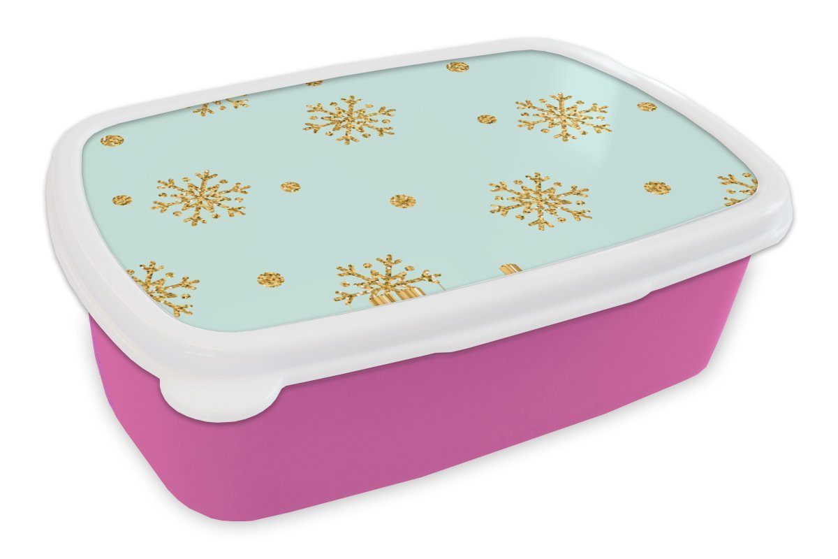 MuchoWow Lunchbox Weihnachten - Muster - Schnee - Gold, Kunststoff, (2-tlg), Brotbox für Erwachsene, Brotdose Kinder, Snackbox, Mädchen, Kunststoff rosa