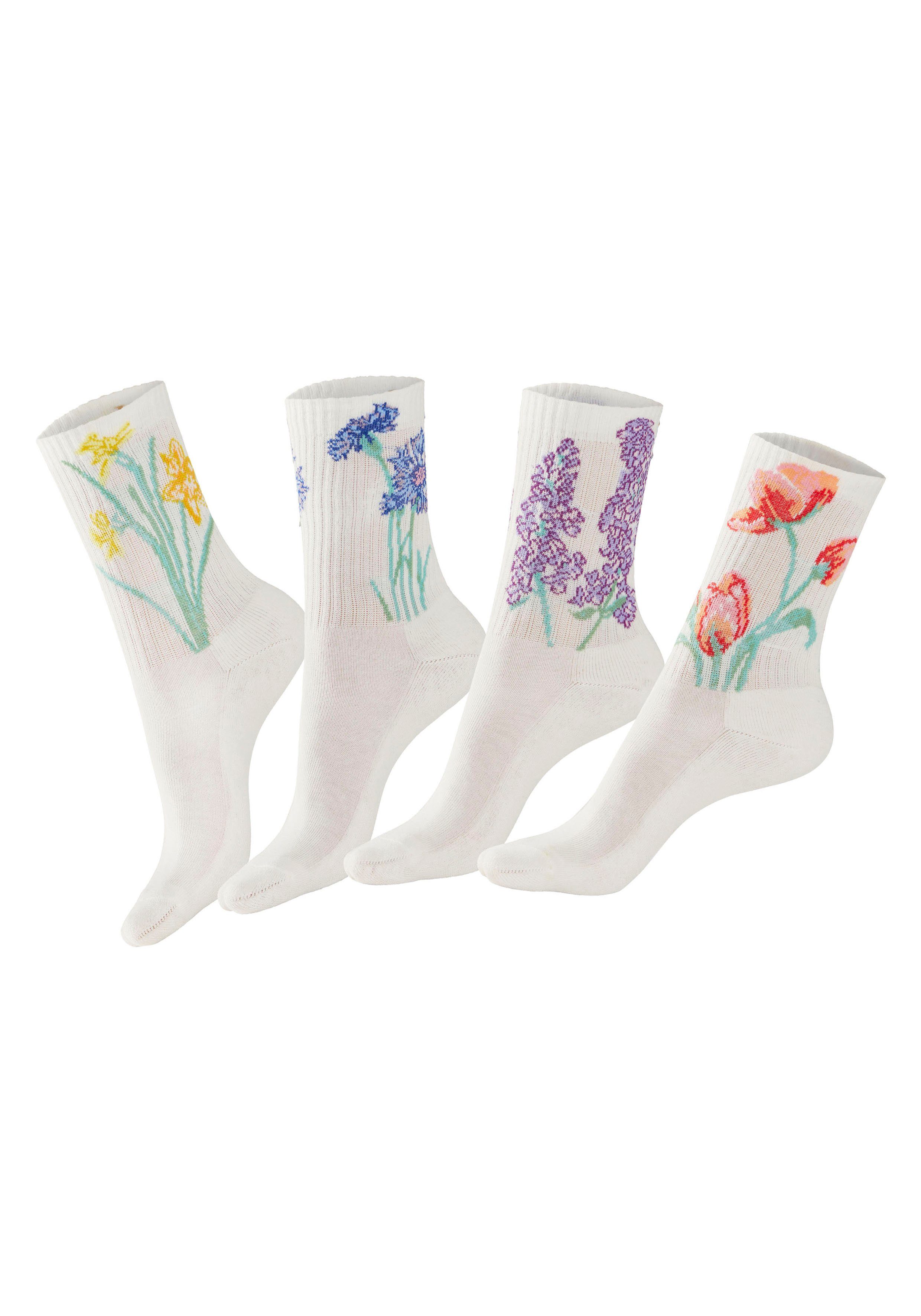 Basicsocken 4-Paar) LASCANA (Packung, 4x mit eingestrickten ecru Motiven Blumen