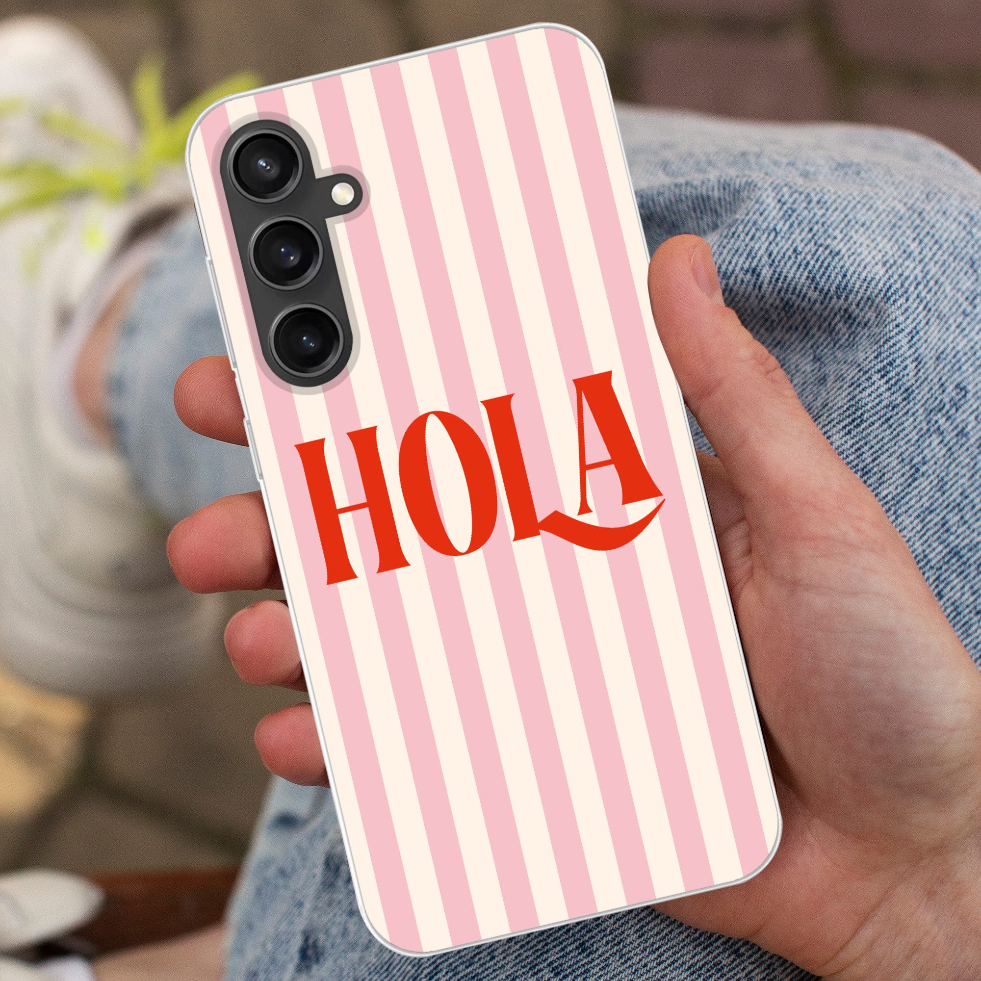MuchoWow Handyhülle für Samsung Galaxy S23 FE Hola - Zitat - Streifen - Pastell - Rosa - R