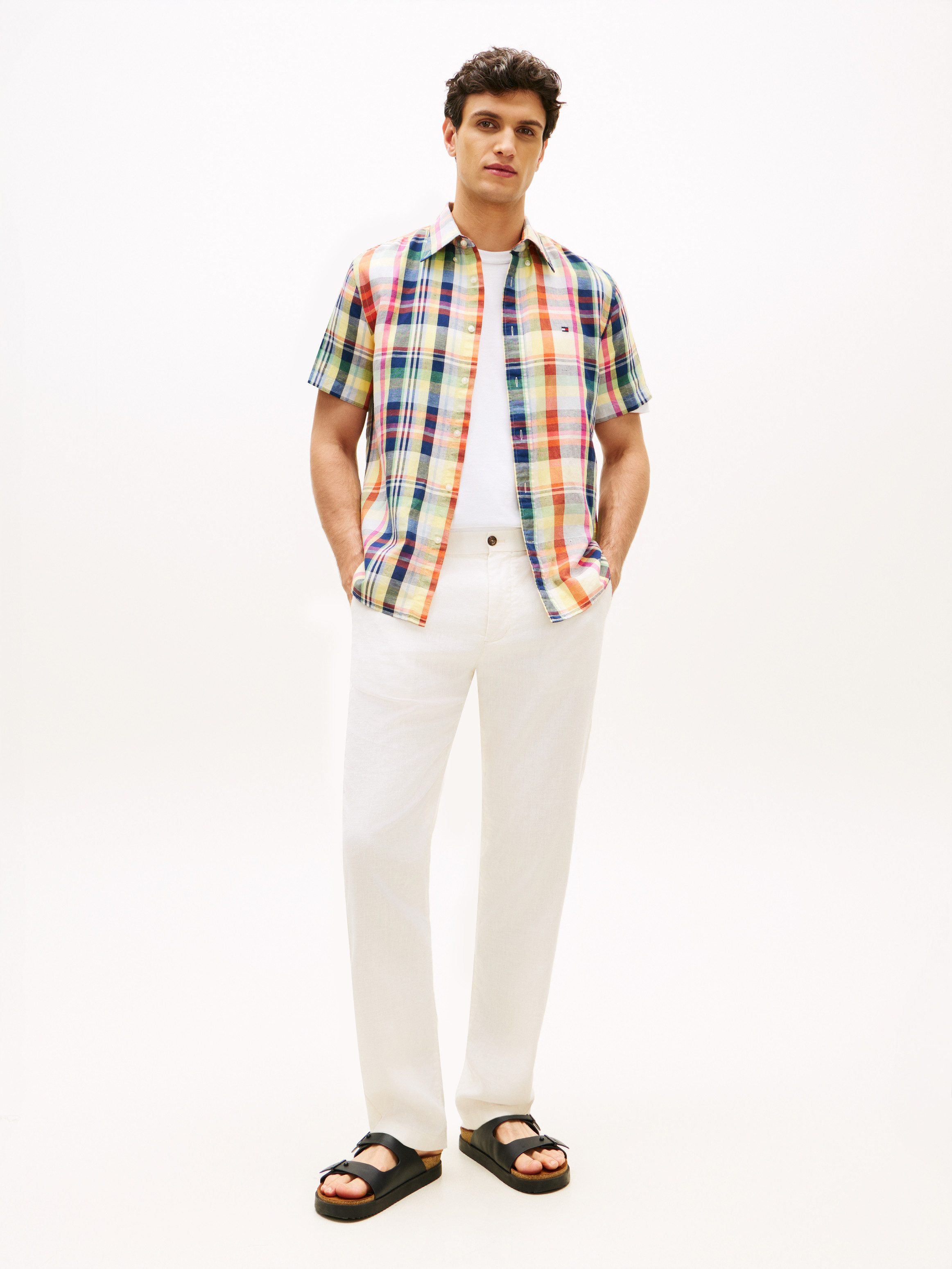 Tommy Hilfiger Kurzarmhemd LINEN BLEND CHECK PLAID regular fit, Button-down-Kragen