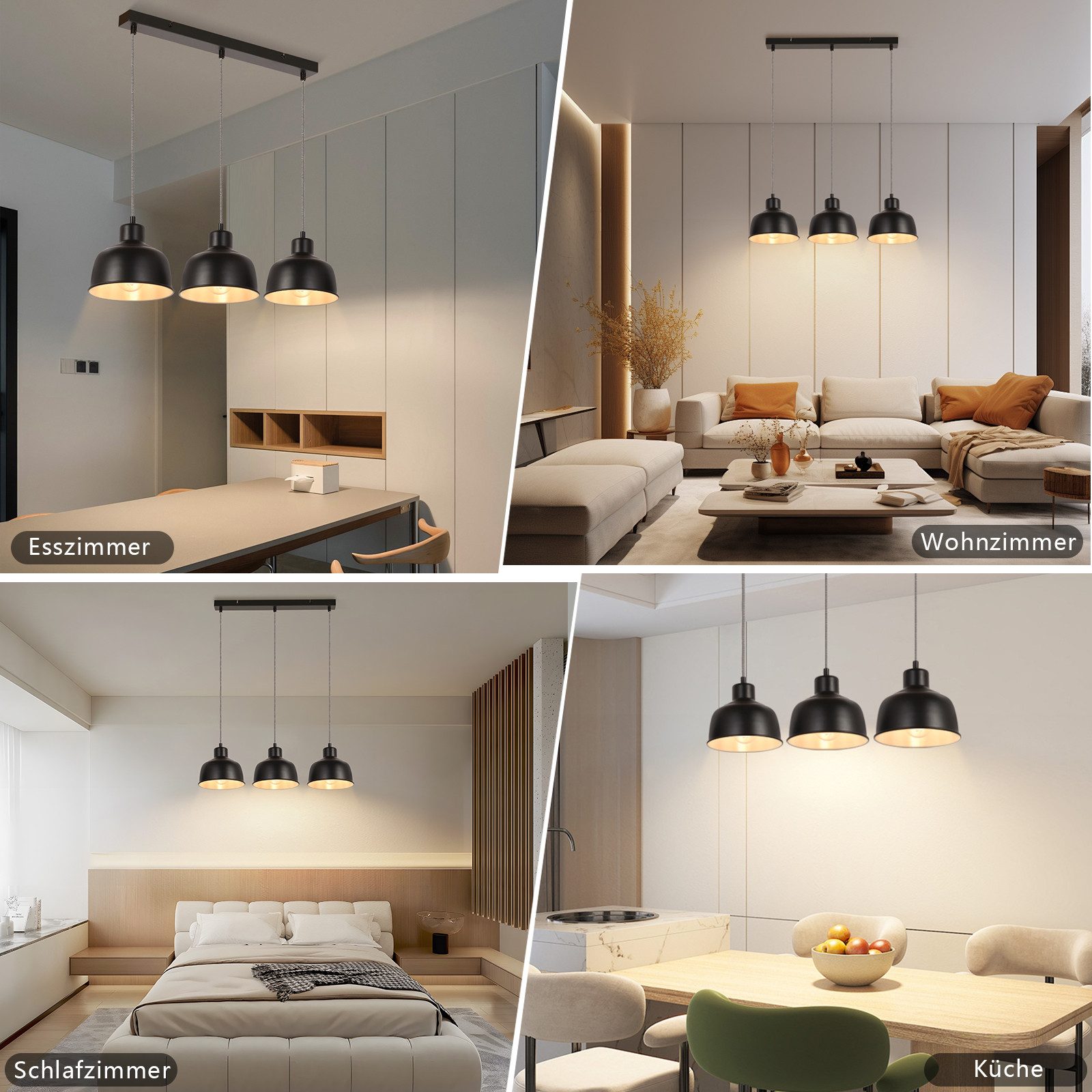 Nettlife Pendelleuchte Schwarz Vintage Esstisch E27 3 Flammig Hängelampe Metall, Höhenverstellbar, LED wechselbar, Für Esstisch Wohnzimmer Esszimmer Küche