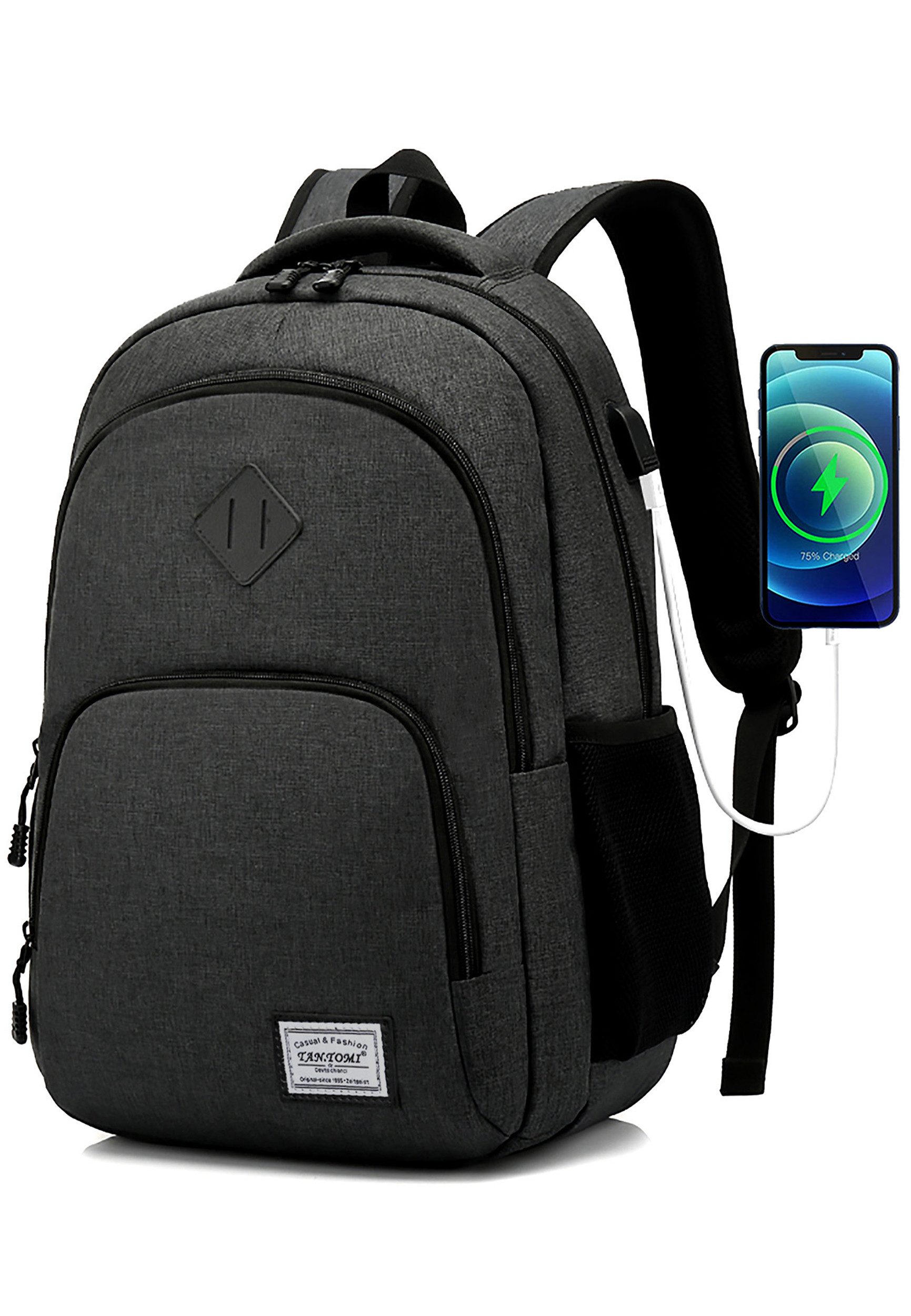 TANTOMI Cityrucksack Handgepäck Rucksack Herren 15,6 Zoll, Schulrucksack, Laptop Rucksack (Mit USB-Anschluss), Laptop Notebook Tasche Arbeitsrucksack Freizeitrucksack Sportrucksack