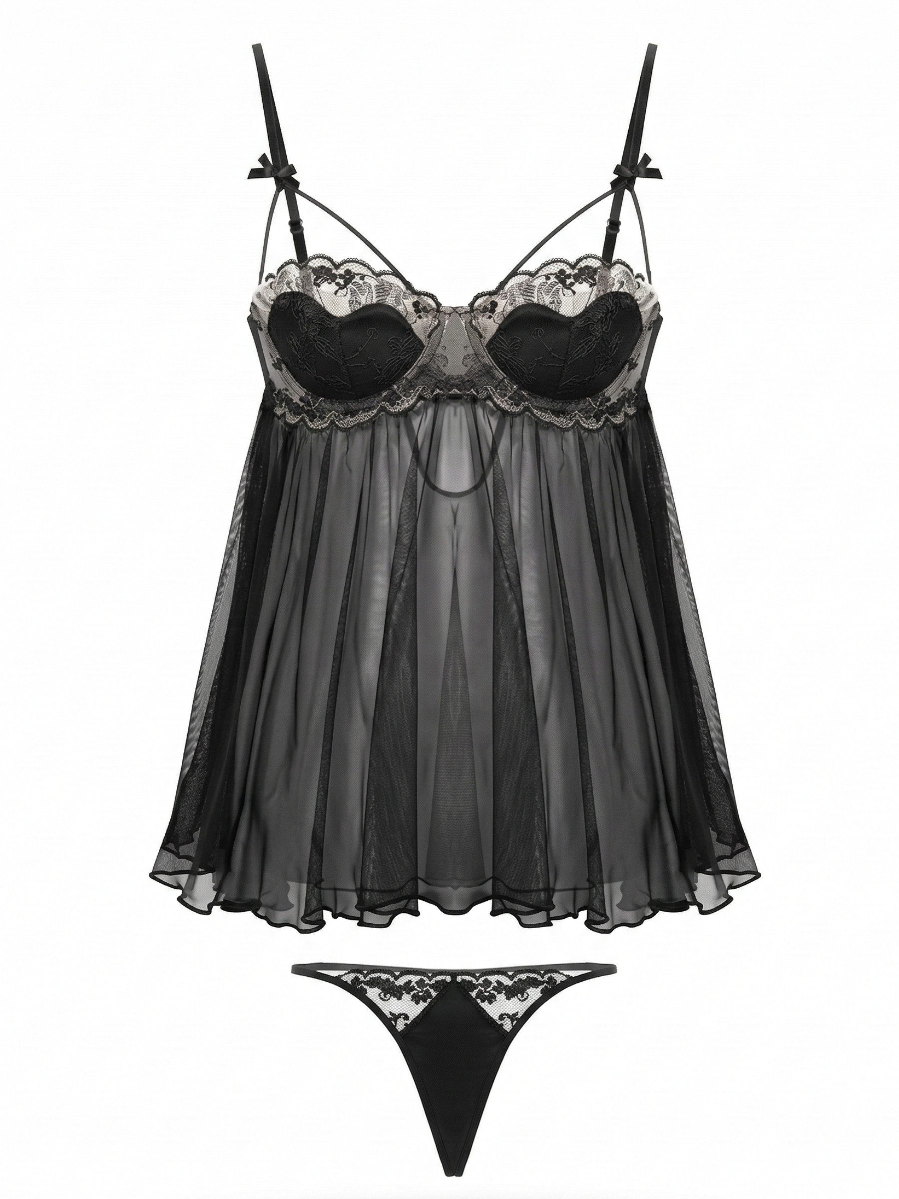 Elegant Love Babydollkleid Dessous-Set / Nachtwäsche – Negligé aus transparenter Spitze und Mesh (Set, 2-tlg., Babydoll + Slip) Reizwäsche: kurzes Schlafkleid für besondere Anlässe