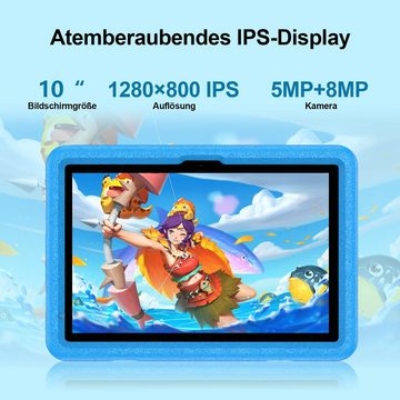 VASOUN Lerntablet P30H 10"-Zoll Kinder-Tablet mit 12G RAM+128G ROM, mit Bluetooth/WiFi und Silikonhülle, Android 13, Blau