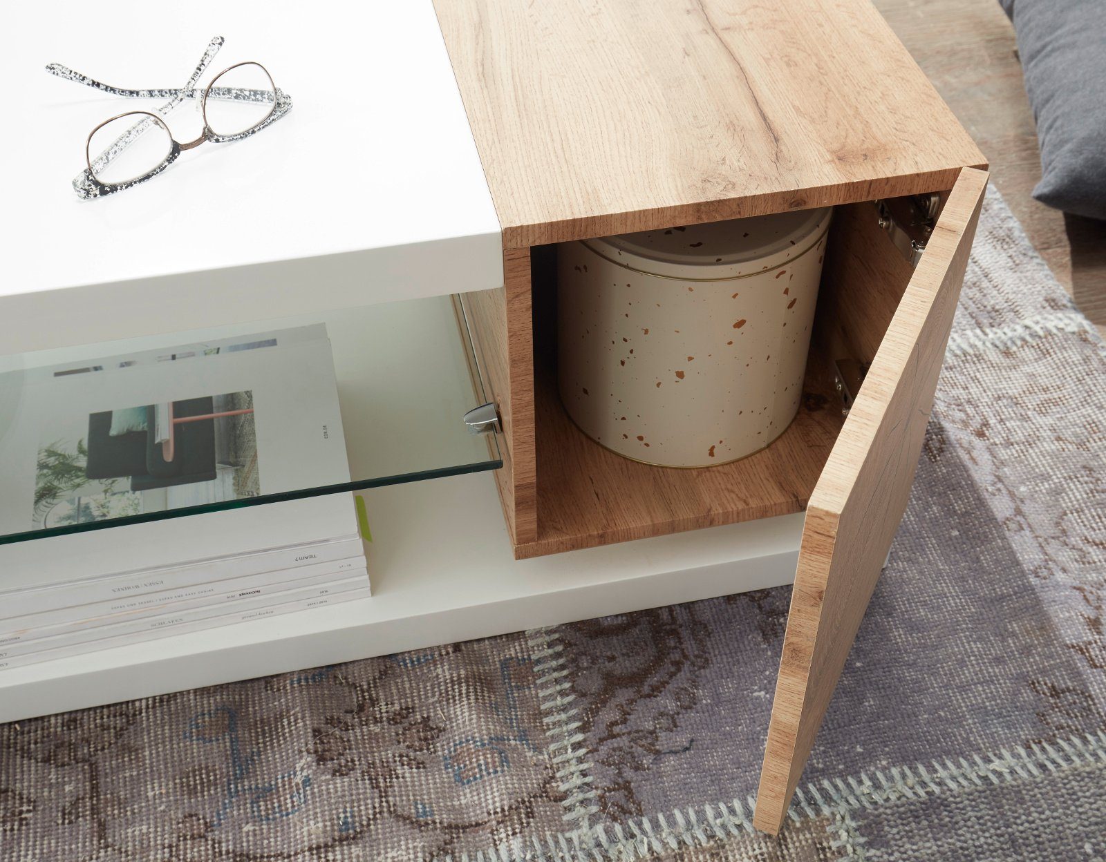 cm), MCA Manisa furniture weiß 120x63 (Sofatisch, matt Stauraum, mit mit Couchtisch lackiert, Eiche-Dekor