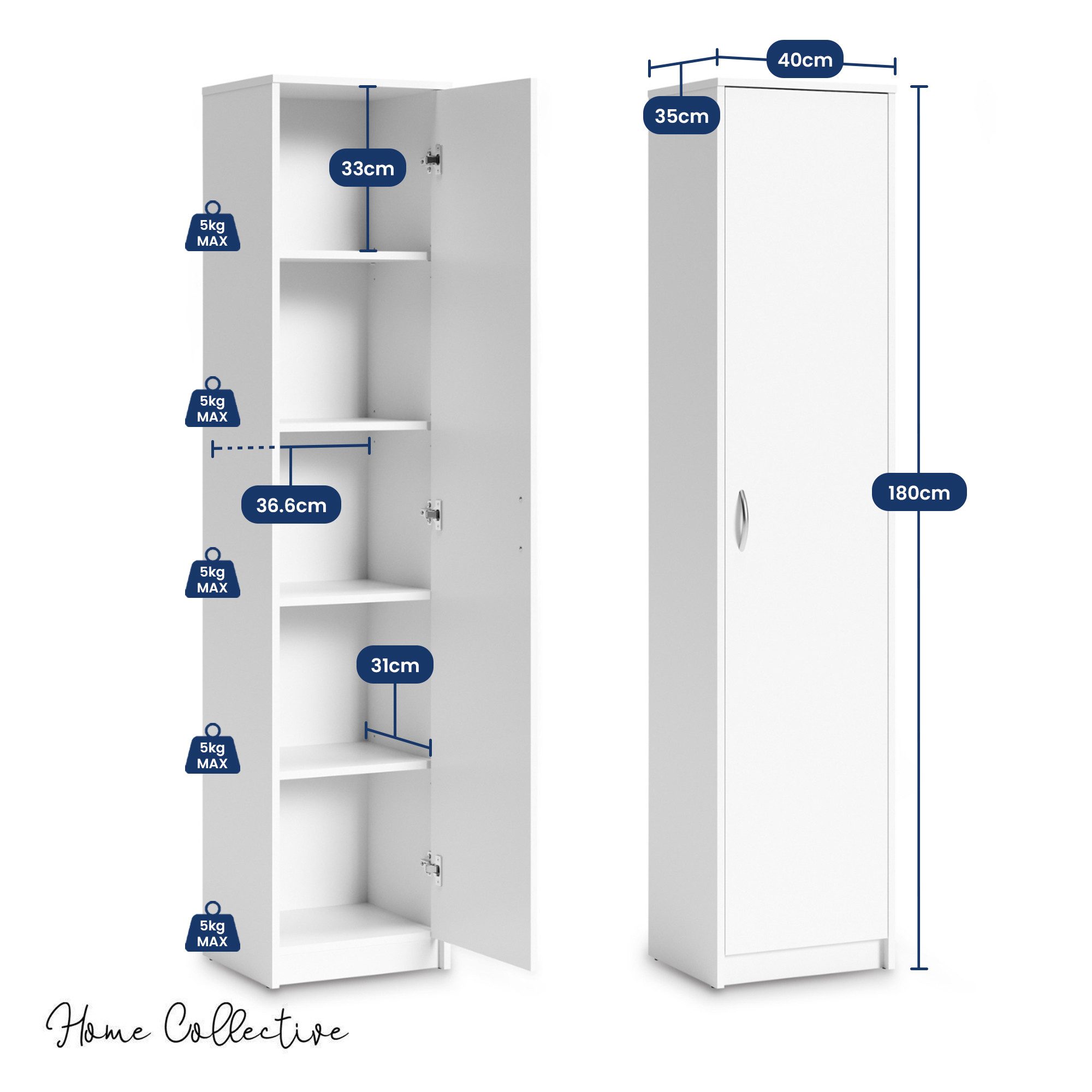Home Collective Aktenschrank Bücherregal Mehrzweckschrank Schrank Kleiderschrank mit Einlegeböden (Garderobenschrank Regal für Schlafzimmer Flur Keller Büro) Einlegeböden verstellbar 40x35x180cm (BxTxH), weiß