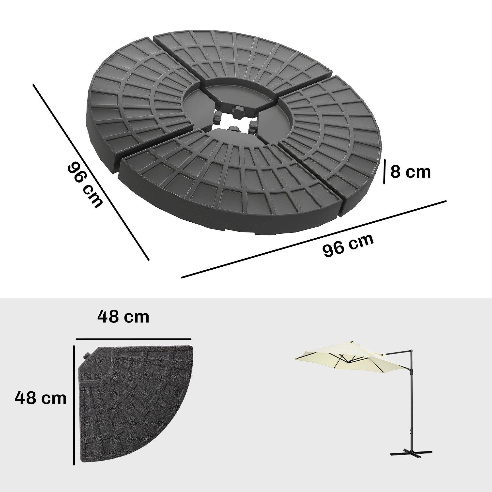 Outsunny Beschwerungsgewicht Sonnenschirmgewicht Schirmgewicht 4-tlg. befüllbar 52/68kg, Sonnenschirme mit Kreuzständer, (Sonnenschirmfuß, 1-tlg., Sonnenschirm), HDPE, Schwarz