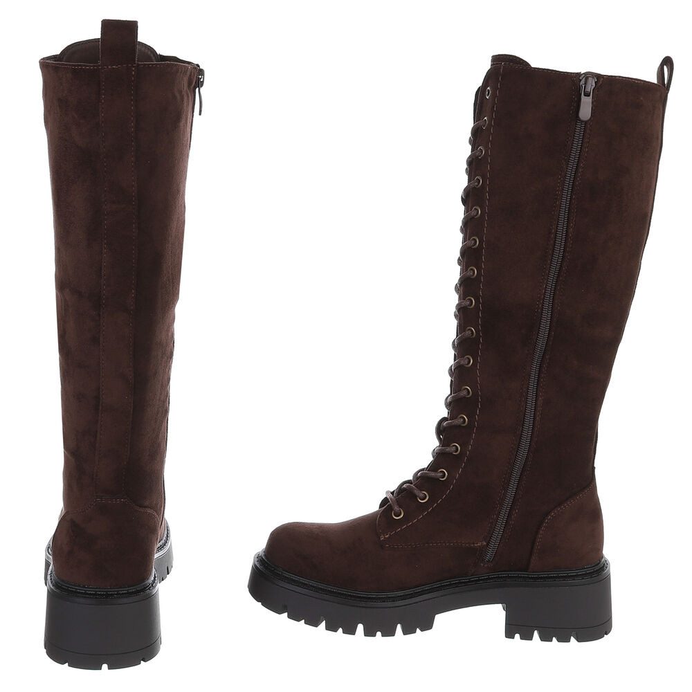 Ital-Design Kniehoher Damen Schnürstiefel mit Profilsohle Plateaustiefel (92422305) Blockabsatz Stiefel in Braun – Bild 5 von 5