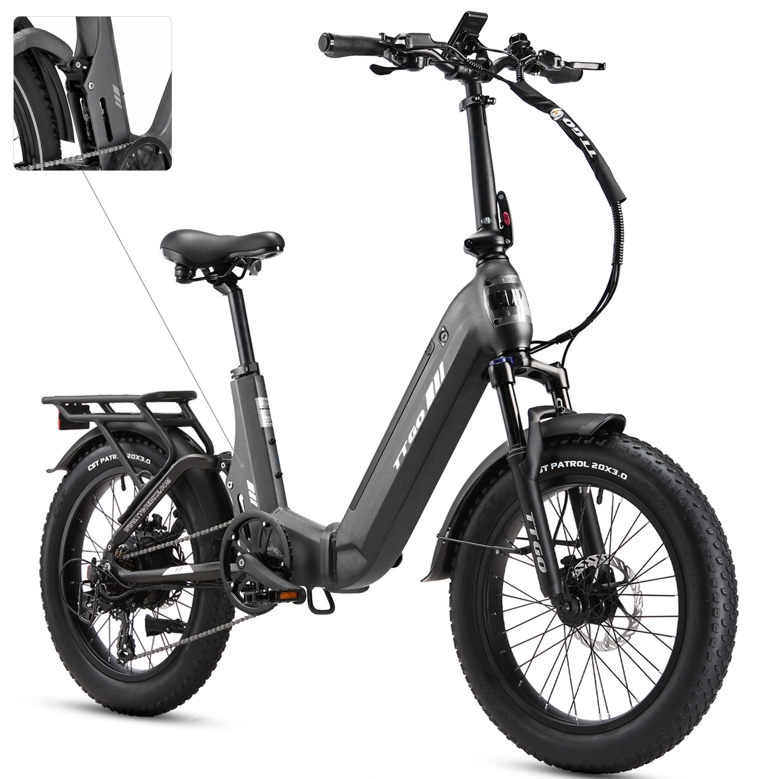 TTGO E-Bike Klapprad 20 Zoll, Fully, Vollfederung, 48V 720Wh, max. 150km, mit Bremslicht, 7 Gang SHIMANO, Kettenschaltung, Heckmotor, 720 Wh, (Faltrad, Softtail, hydr. Scheibenbremse, 150kg belastbar), Drehmomentsensor, Lockout-Federgabel, Elektrofahrrad für Damen Herren