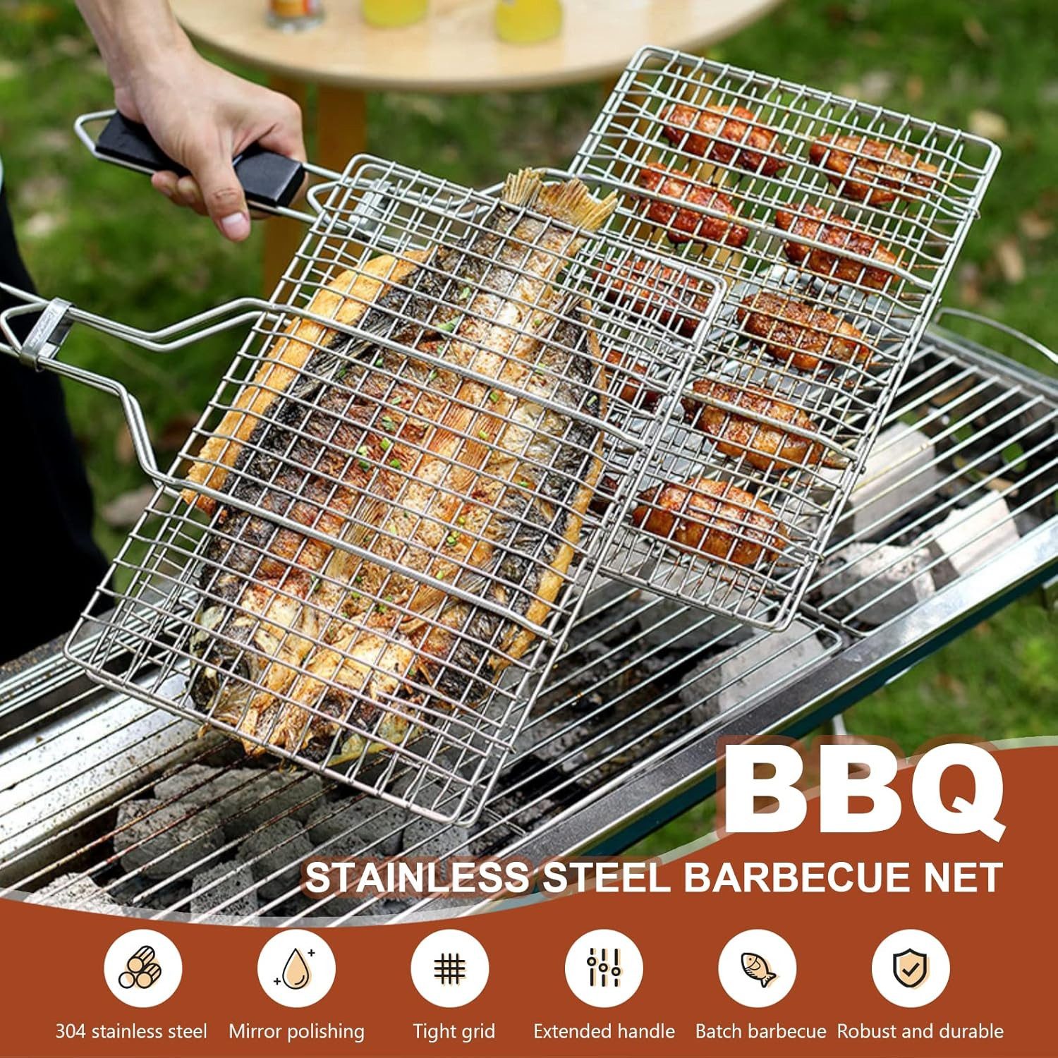 Refined Living Grillguthalter Grillkorb Edelstahl faltbar Fisch Gemüse Grillgitter mit Tasche,Bürste, Edelstahl, Antihaft-Beschichtung, (Fischgrillkorb, BBQ Grillkorb faltbar, Grillkorb mit Holzgriff, Grillzubehör Fisch Gemüse, Edelstahl Grillgitter, Grillkorb Outdoor Camping, BBQ Korb klappbar, Rostfreie Zubehör Körbe zum Grillen, mit abnehmbarem Griff, tragbares Grillgitter, 1-St., Fischbräter Grill, Abschließbares Gitterdesign, Antihaft-Beschichtung), für Fischsteak,Gemüse, Garnelen, inklusive Backpinsel & Oxford-Tasche