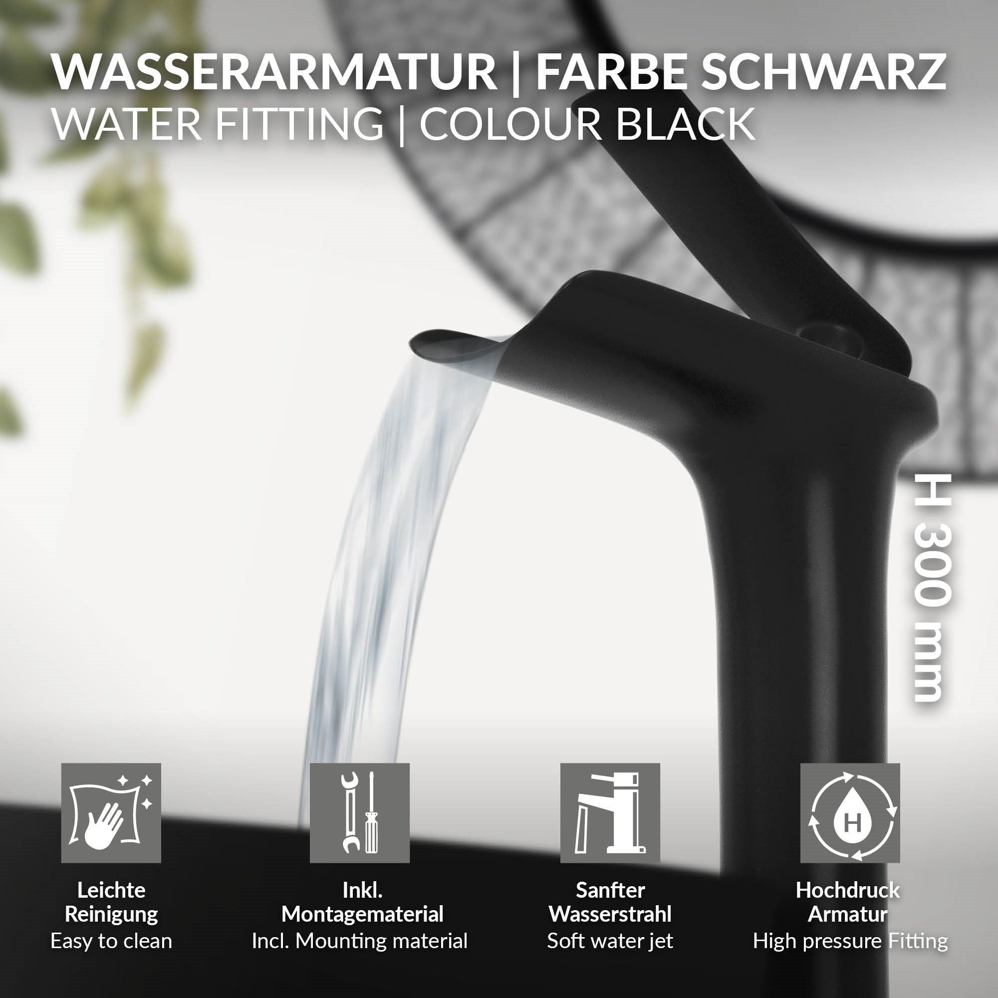 Schwarz 155x48x300 mm LuxeBath matt Waschtischarmatur Design Wasserfall Waschtischarmatur