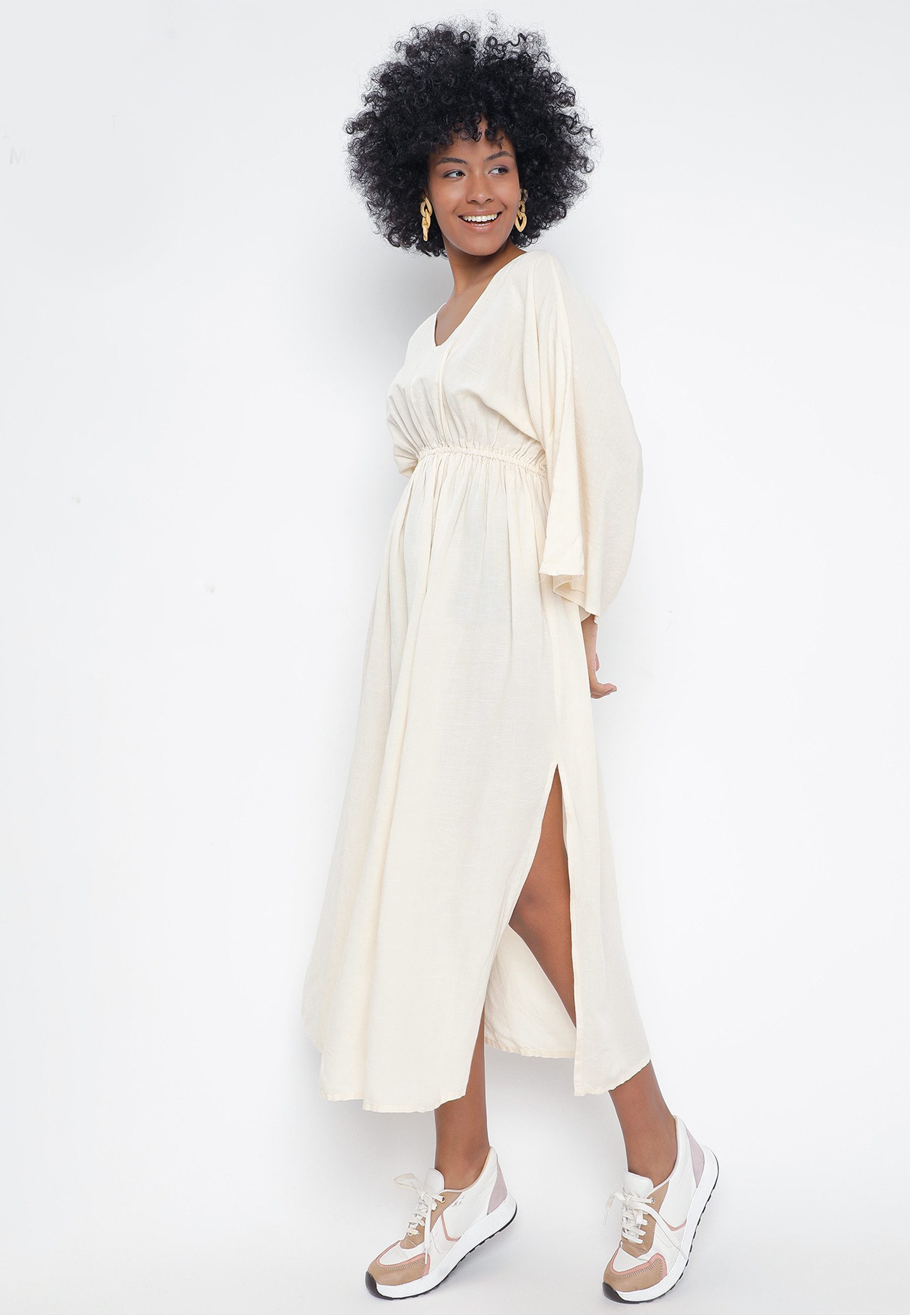 YC Fashion & Style Sommerkleid Damen Leinen mit V-Ausschnitt und Kimono-Ärm günstig online kaufen