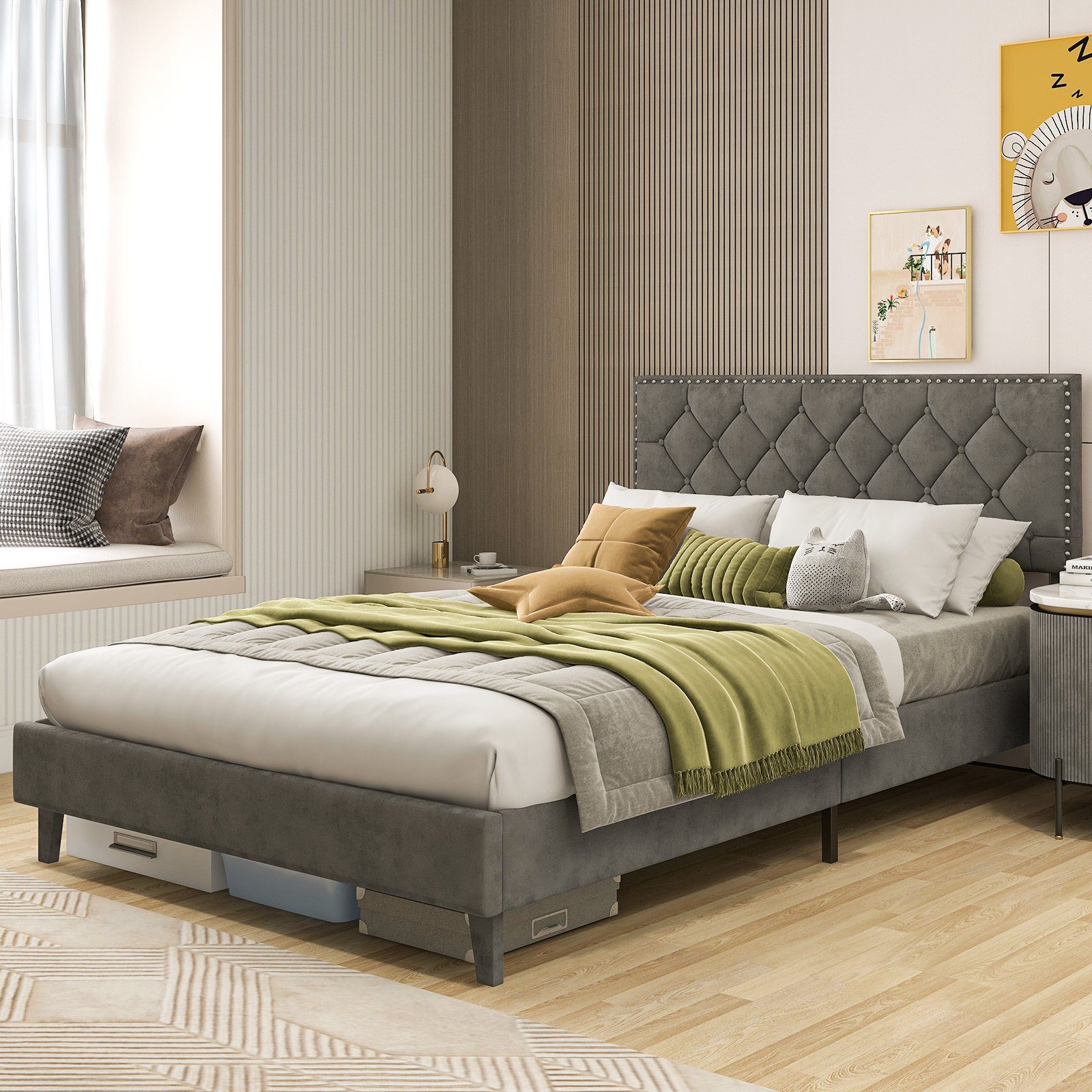 COSTWAY Polsterbett Doppelbett, mit Lattenrost & Kopfteil, 140 x 200 cm, oh günstig online kaufen