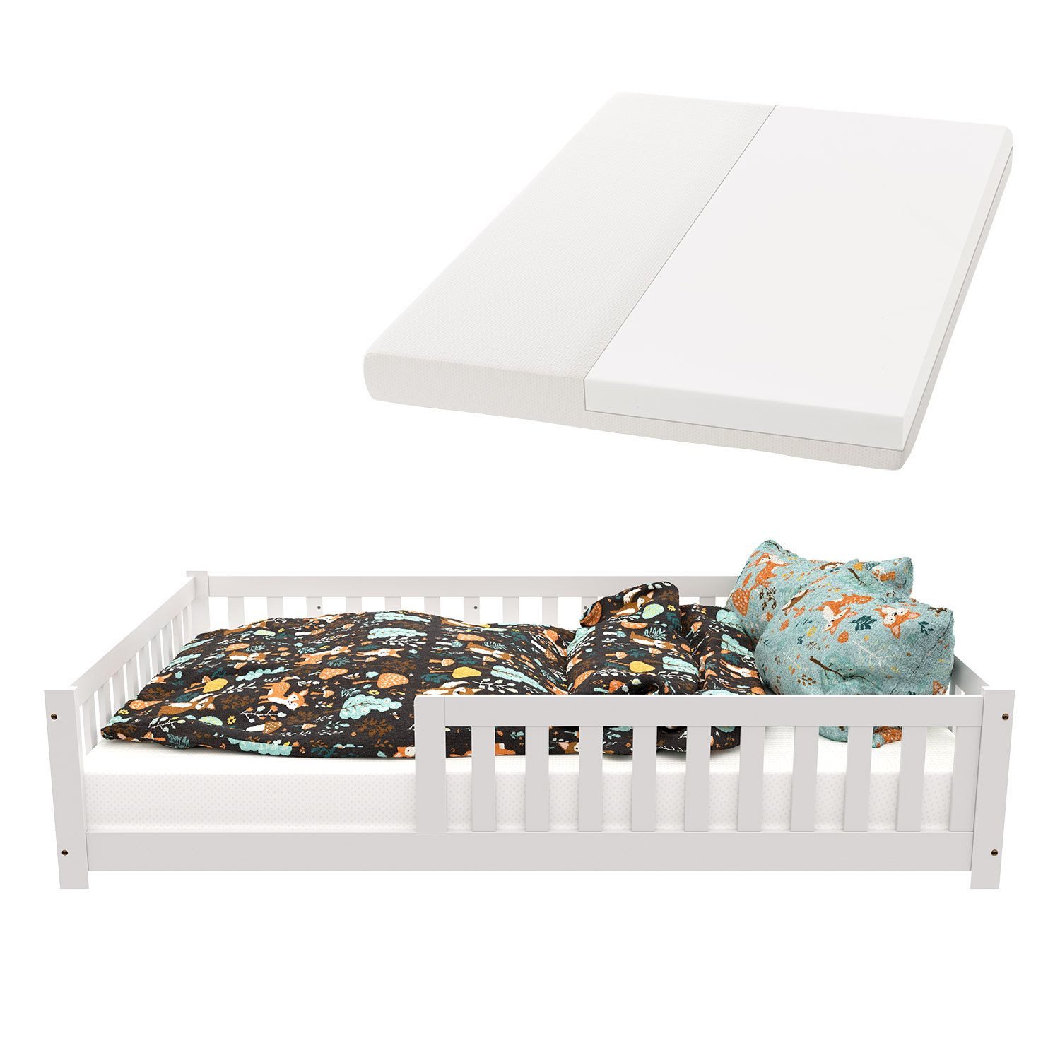 Juskys Kinderbett Naya, 140x200 cm Bodenbett, Holz, mit Matratze, Rausfalls günstig online kaufen