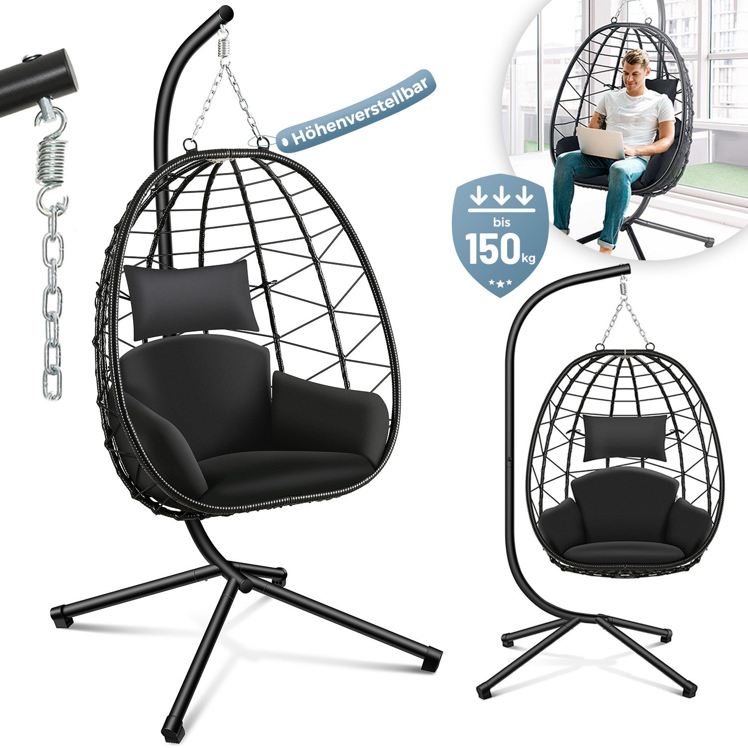 Makika Loungesessel Hängesessel mit Gestell Polyrattan Höhenverstellbar - 150 kg - Schwarz