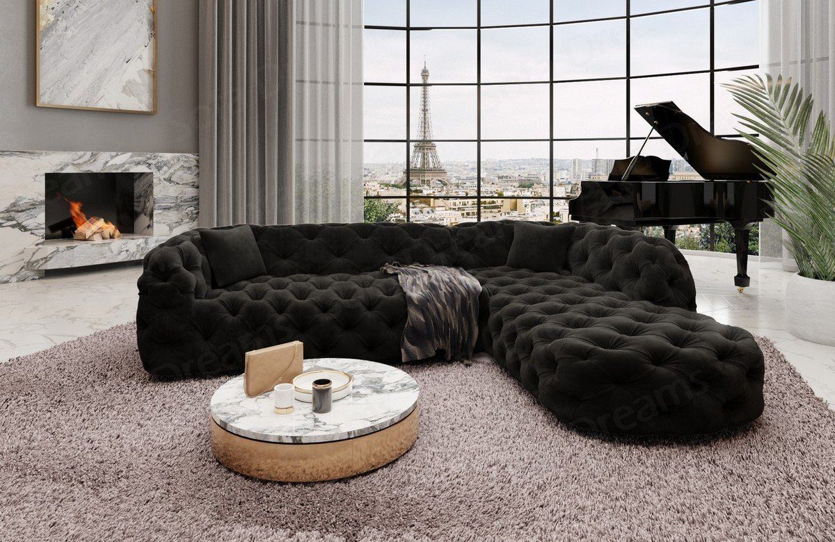 Sofa Dreams Ecksofa Polster Samtstoff Sofa Lanzarote L Mini Samt Stoffsofa, Eckcouch im Chesterfield Design schwarz95