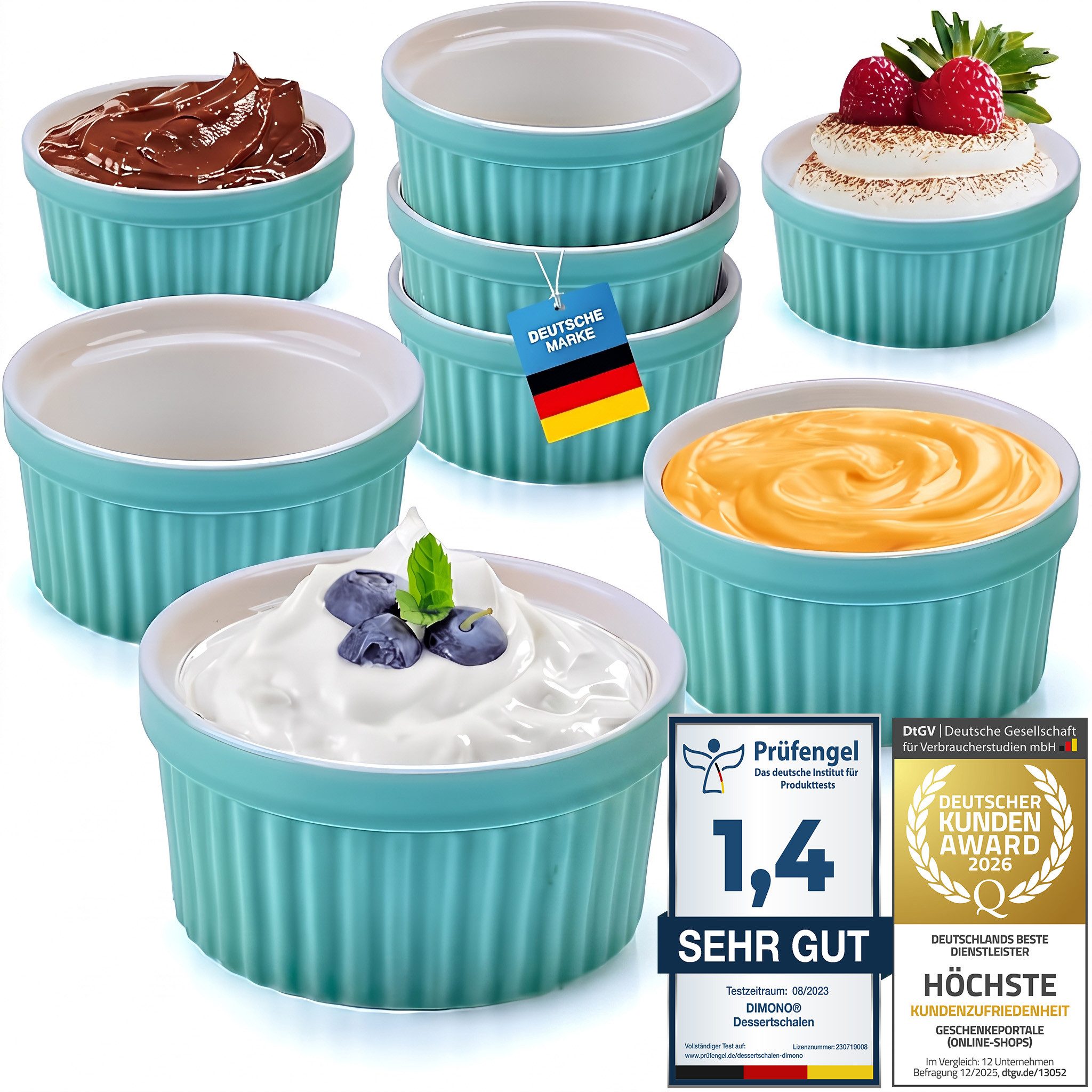 Dimono Dessertschale DIMONO Crème-Brûlée & Soufflé Förmchen – 8er Keramik Dessert Set, Keramik, (Schälchen mit 170 ml, 8-tlg), Schalen