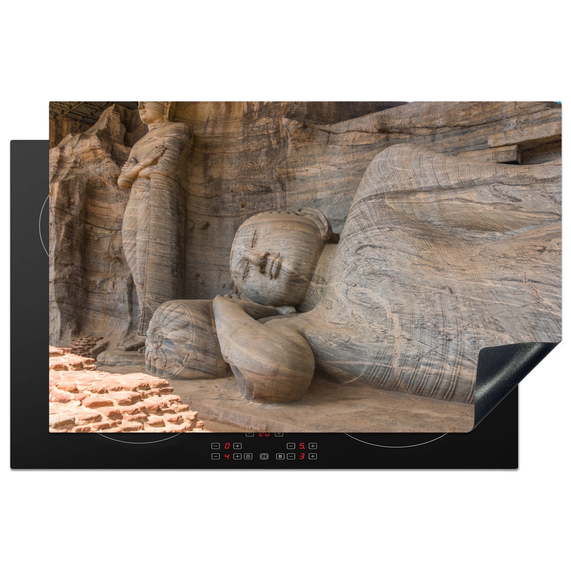 MuchoWow Herdblende-/Abdeckplatte Liegende Buddha-Statue aus Stein in Polonnaruwa, Sri Lanka, Vinyl, (1 tlg), 81x52 cm, Induktionskochfeld Schutz für die küche, Ceranfeldabdeckung