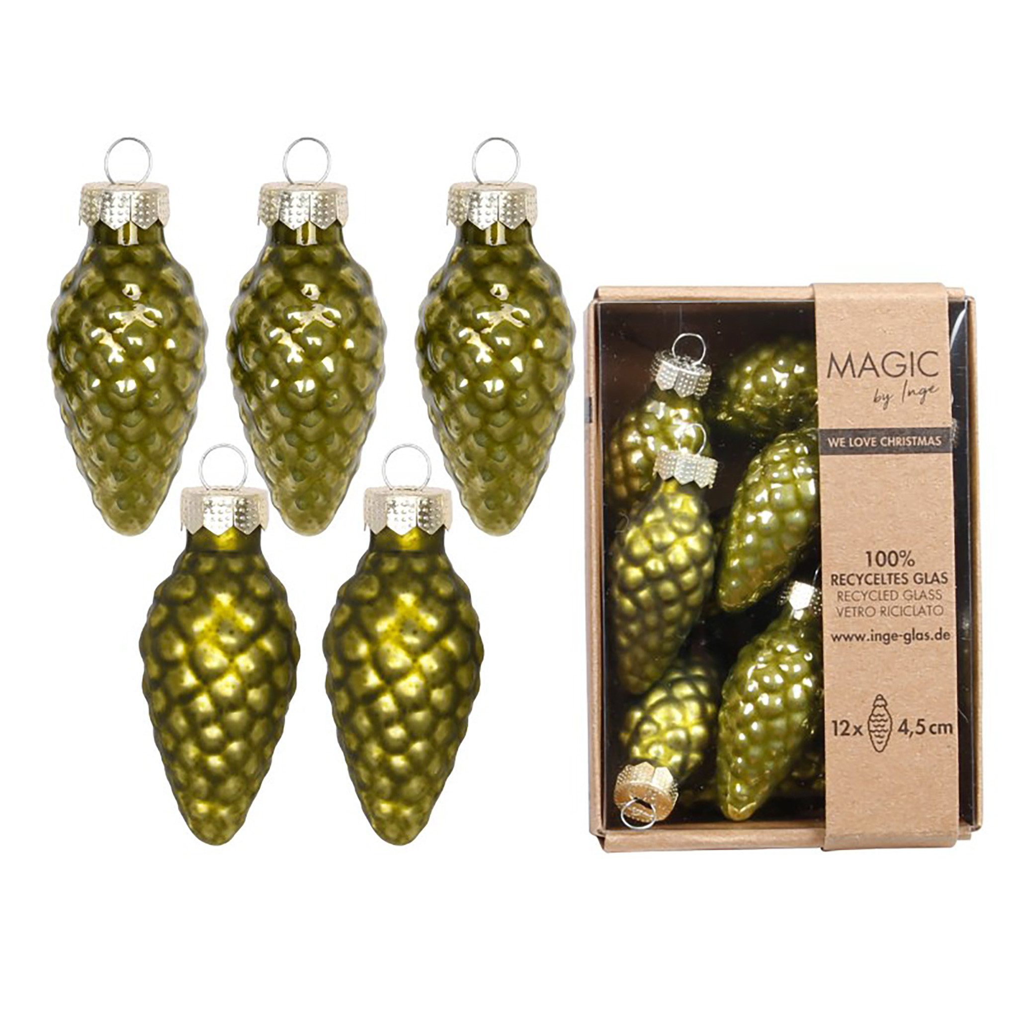 MAGIC by Inge Christbaumschmuck, Christbaumschmuck Zapfen 4,5cm Glas 12 Stück - Green Olives