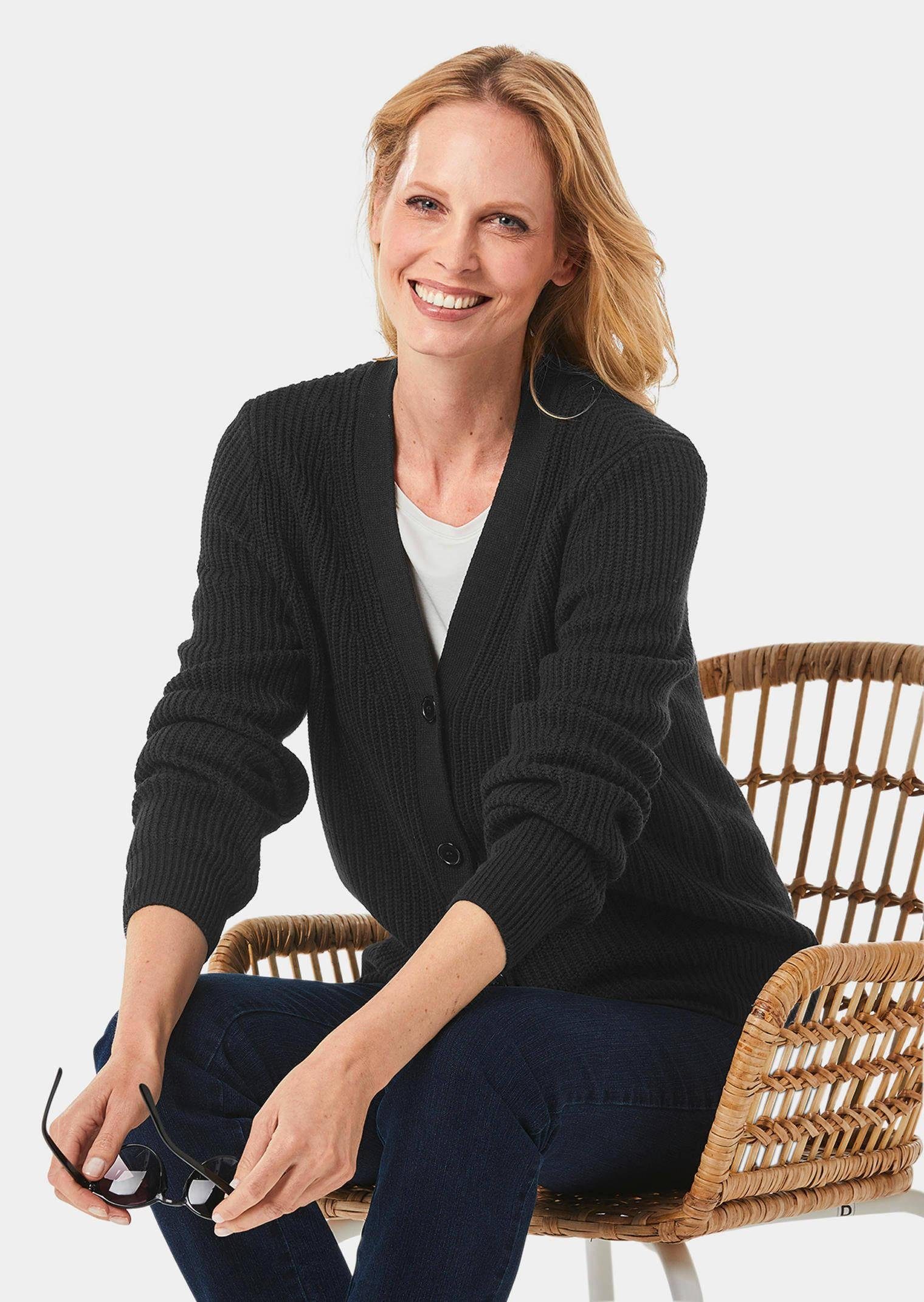 GOLDNER Strickjacke Elegante Strickjacke mit V-Ausschnitt Kurzjacke mit Rippstruktur, Knopfleiste und Langarm