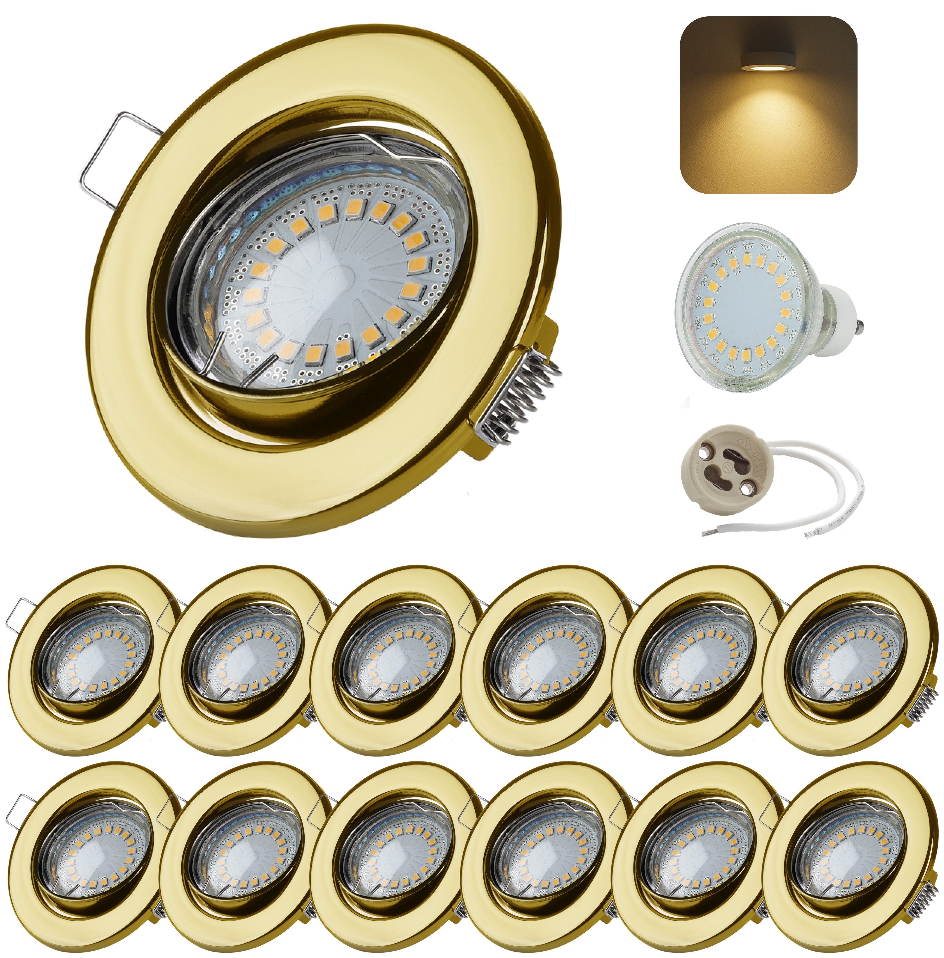 Sweet LED LED Einbaustrahler GU10 12er Set Gold 5W 3000K Einbauspots 230V LED Deckenspot schwenkbar, Deckenspots, Deckenstrahler,Einbauleuchten