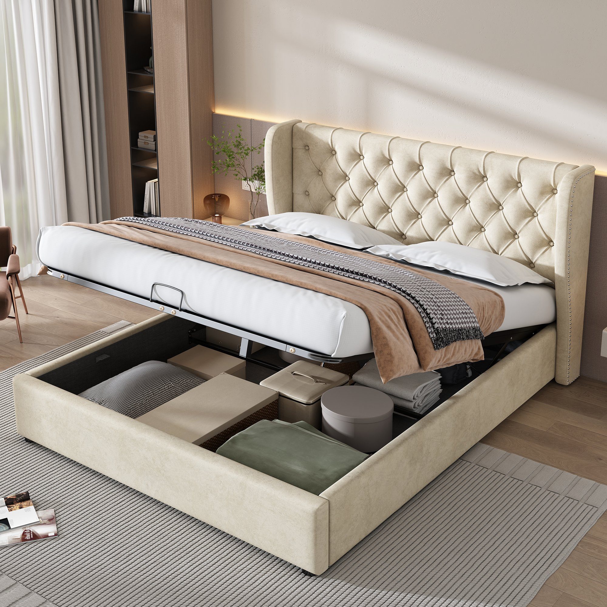 Ulife Polsterbett Doppelbett Funktionsbett mit Lattenrost und Stauraum, Hydraulisches Bett, Samt, 160 × 200cm