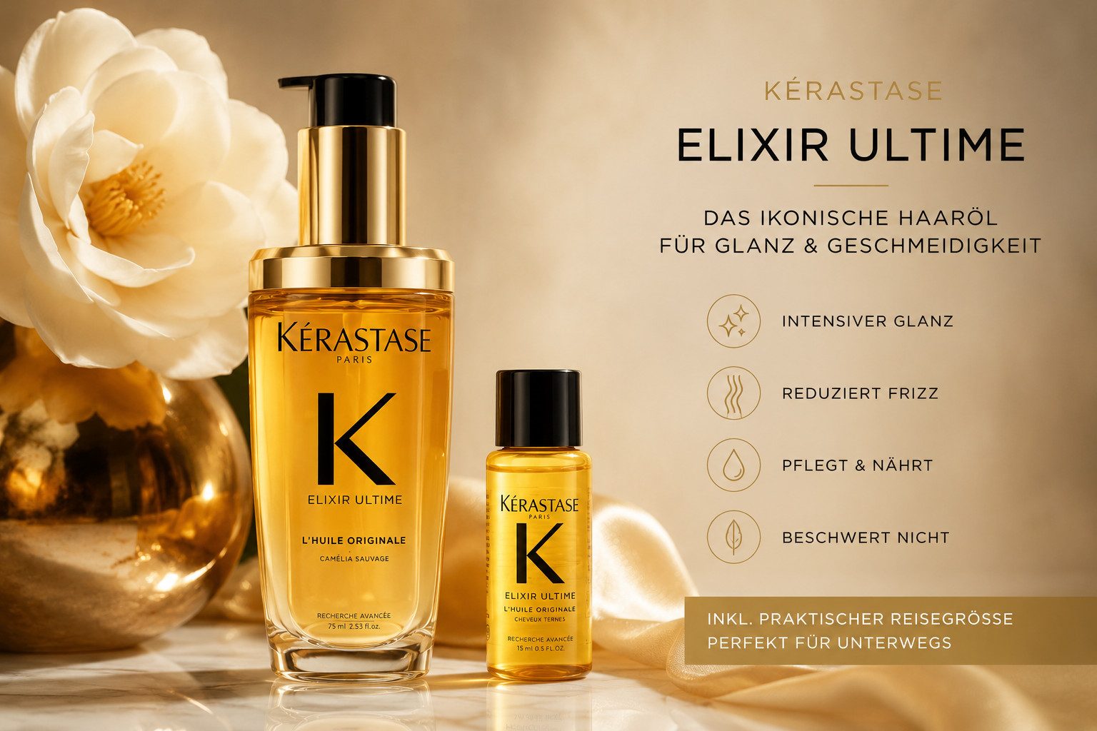 Kérastase Haaröl Elixir Ultime L´Huile Originale 75 ml + 15 ml Probiergröße, 2-tlg., Für sichtbar geschmeidiges und gesund aussehendes Haar