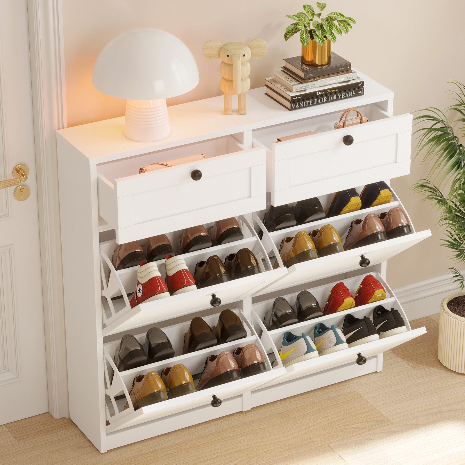 VOWNER Schuhschrank mit 4 Klappen, einstellbarer Schuhregal, schmaler Weiß – Bild 5 von 5
