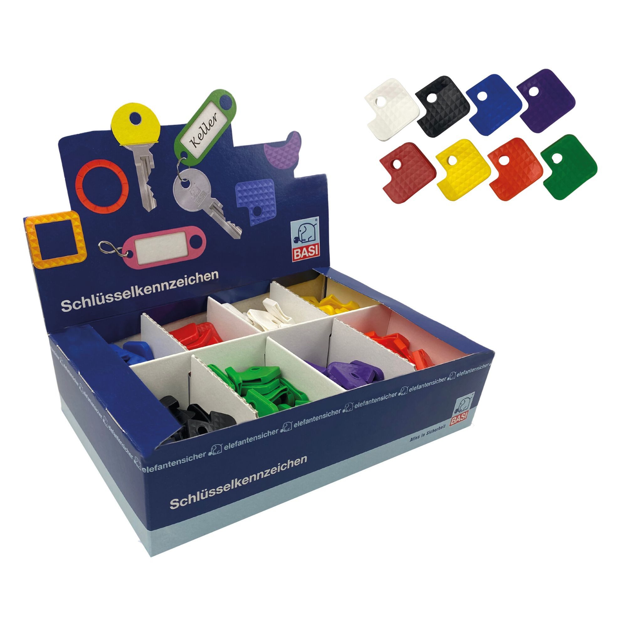 BASI Schlüsselanhänger Schlüsselkennkappen (Packung), Standardfarben eckig, 1 VE = 200 Stück, 8-farbig sortiert