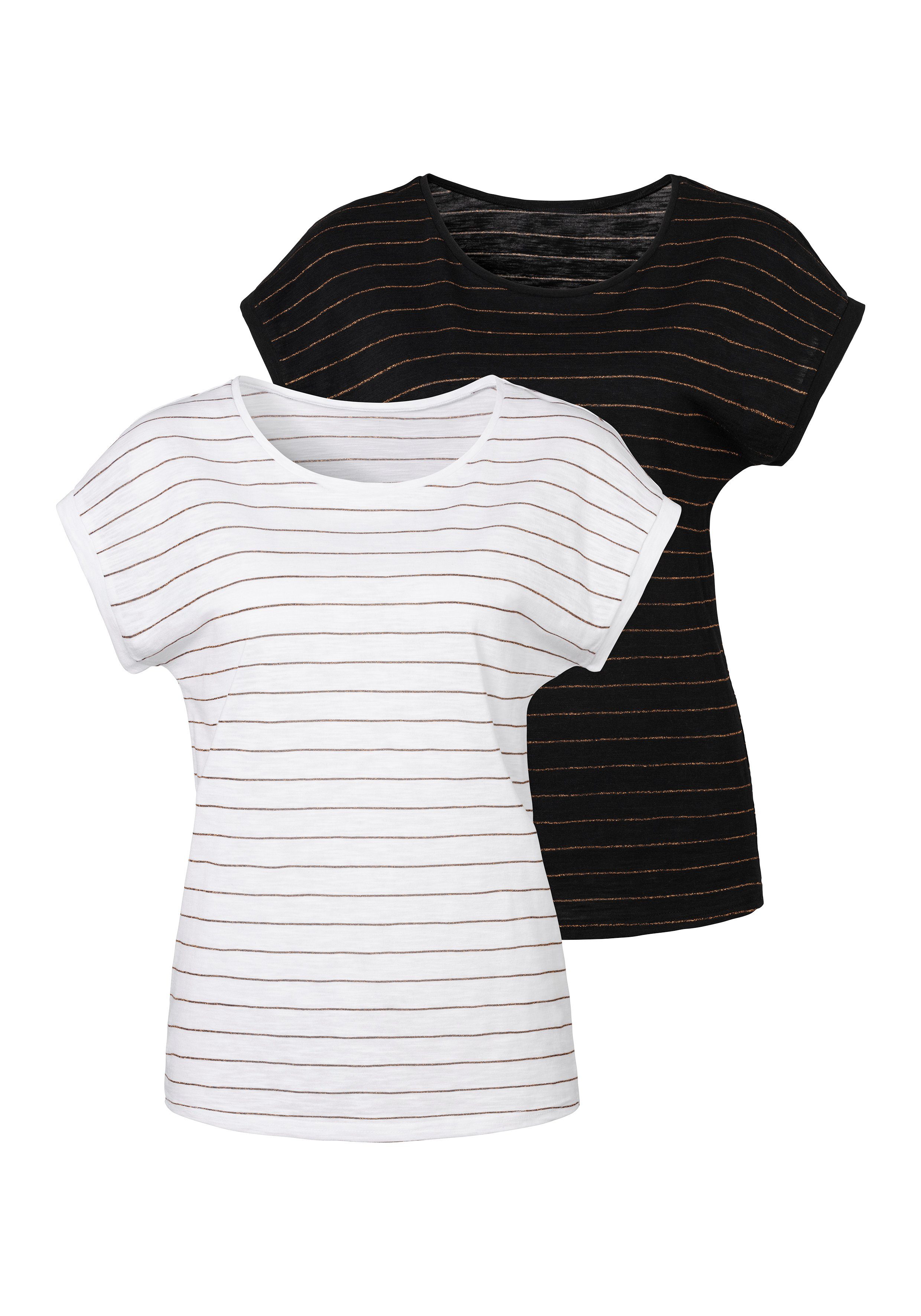 Vivance by Lascana Rundhalsshirt mit Glitzer-Streifen (2er-Pack) aus Baumwolle – Bild 3 von 5