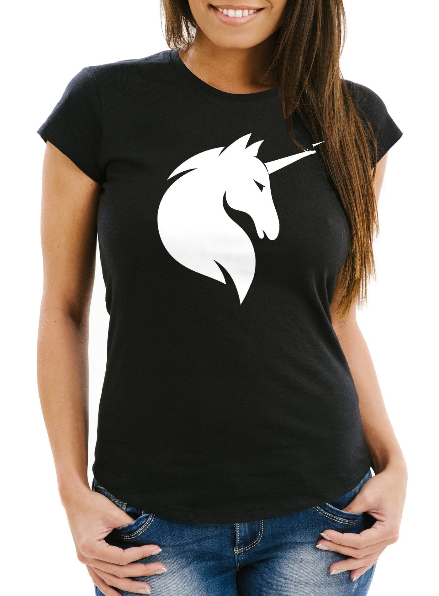 MoonWorks Print-Shirt Damen T-Shirt Einhorn Unicorn Slim Fit mit Print