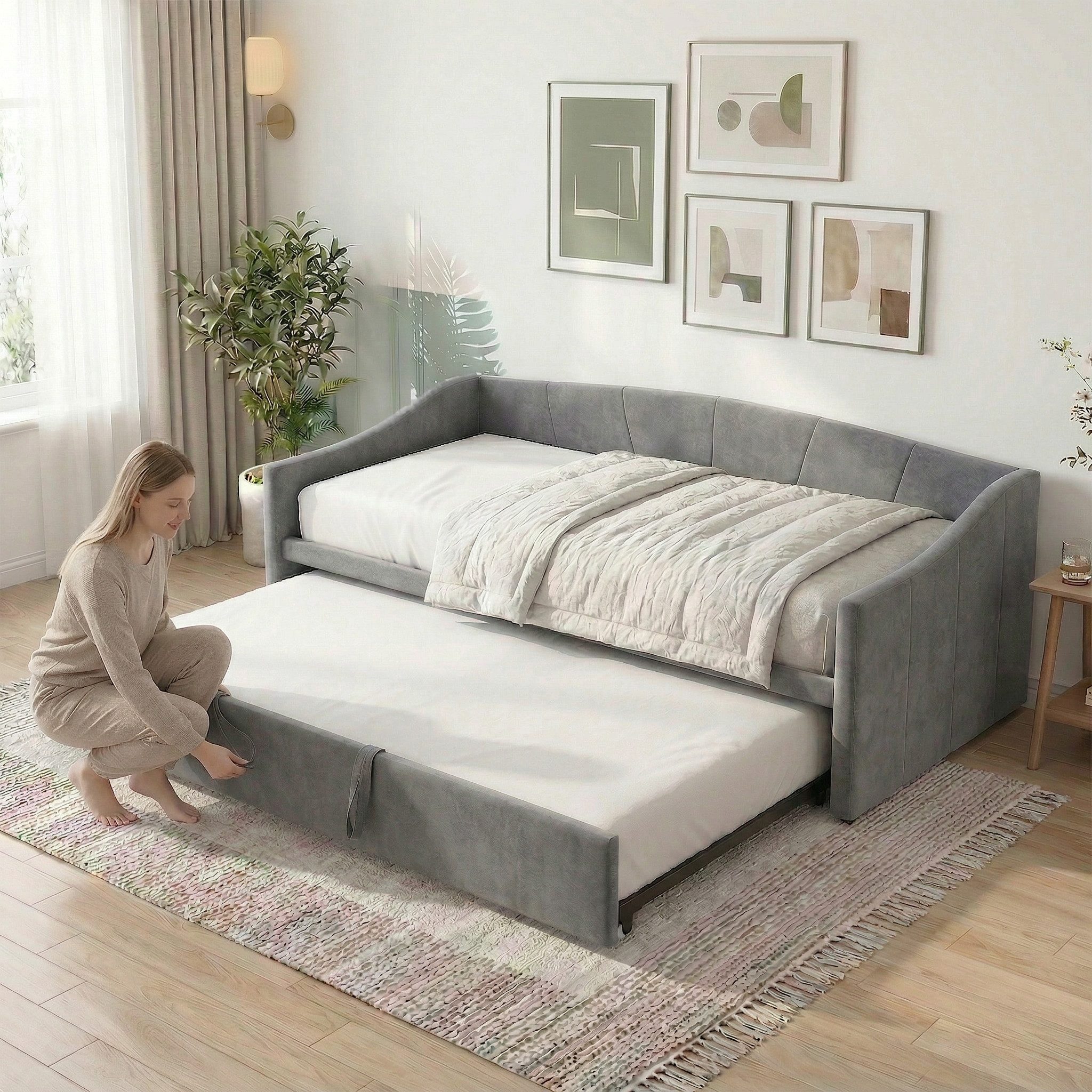 Furnishings Home Polsterbett Daybett Tagesbett Ausziehbett (1 tlg), Schlafsofa, Mit Unterbett, 90x200 cm/180x200 cm, Lattenrost, Samt