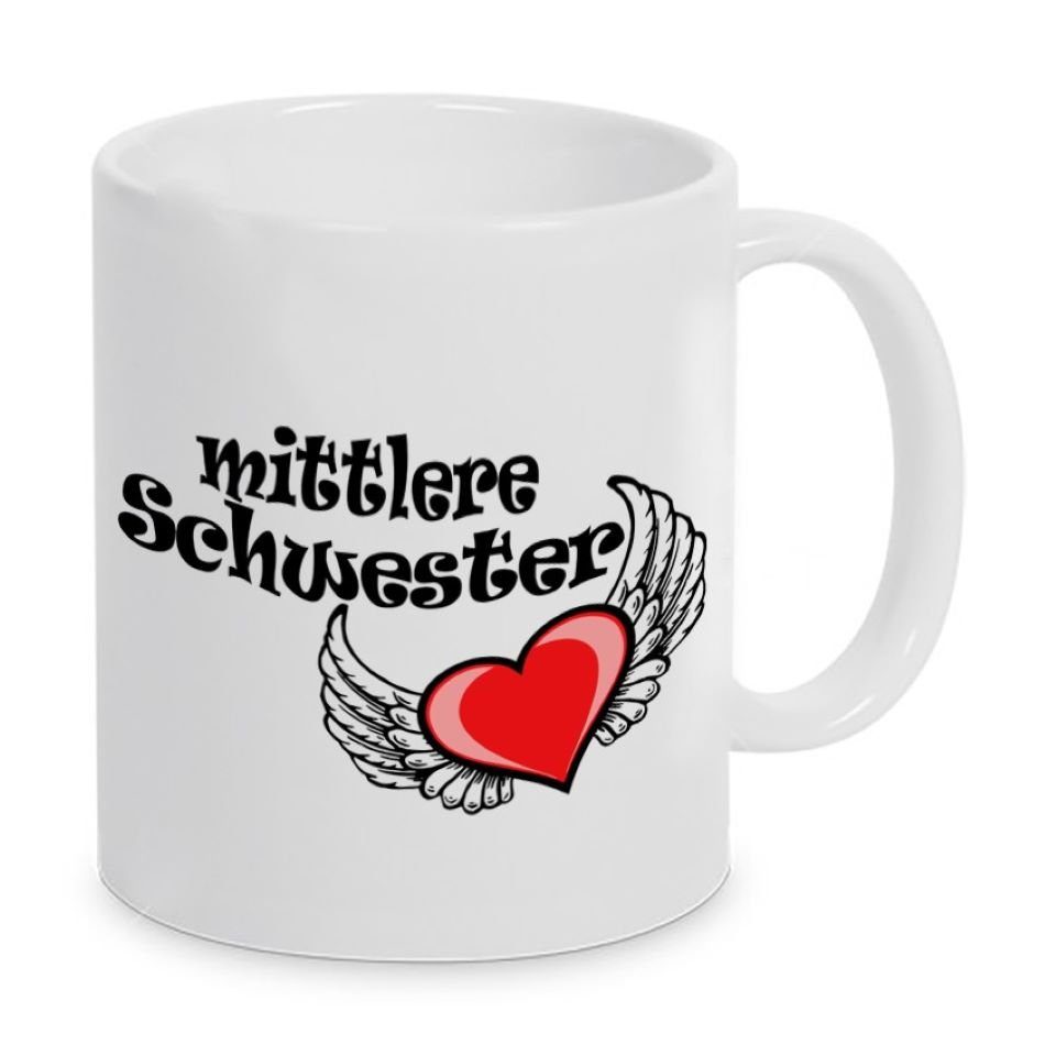 Keramik, Motiv Kaffeetasse mikrowellengeeignet spülmaschinenfest Mittlere Tasse mit Schwester, Herzbotschaft und Kaffeebecher